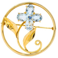 Tiffany & Co. Retro 5.15 Carat Aquamarine Sapphire 14 Karat Gold Flower Brooch