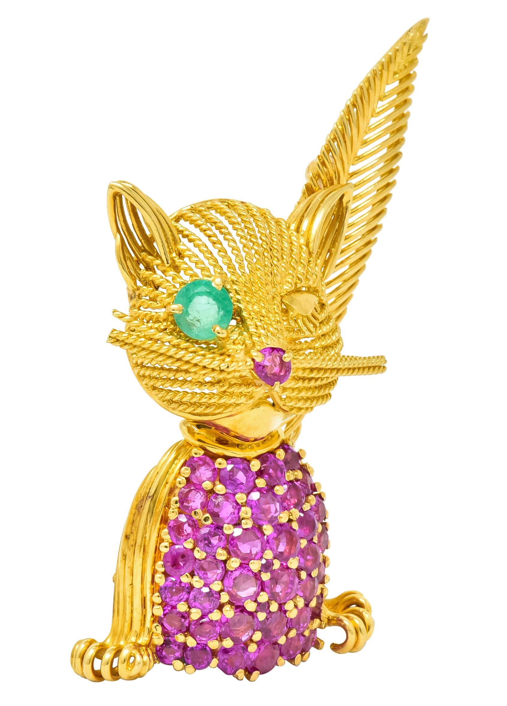 Round Cut Tiffany & Co. Retro 5.45 Carat Ruby Emerald 18 Karat Gold Winking Cat Brooch