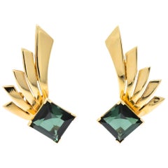 Tiffany & Co Retro 5.75 Carat Green Tourmaline 14 Karat Gold Ear-Clip Earrings
