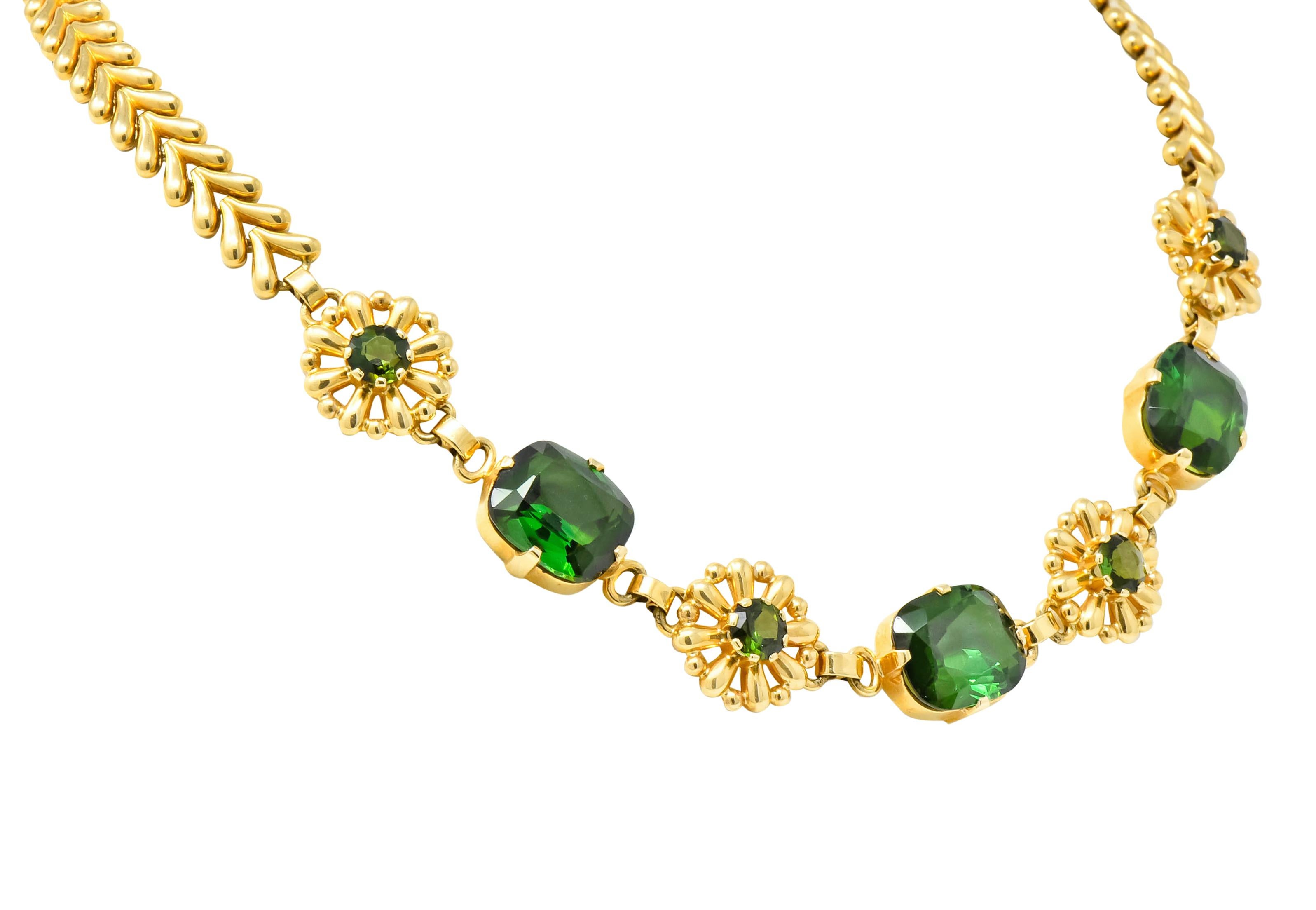 Round Cut Tiffany & Co. Retro 60.00 Carat Tourmaline 14 Karat Gold Floral Link Bracelet