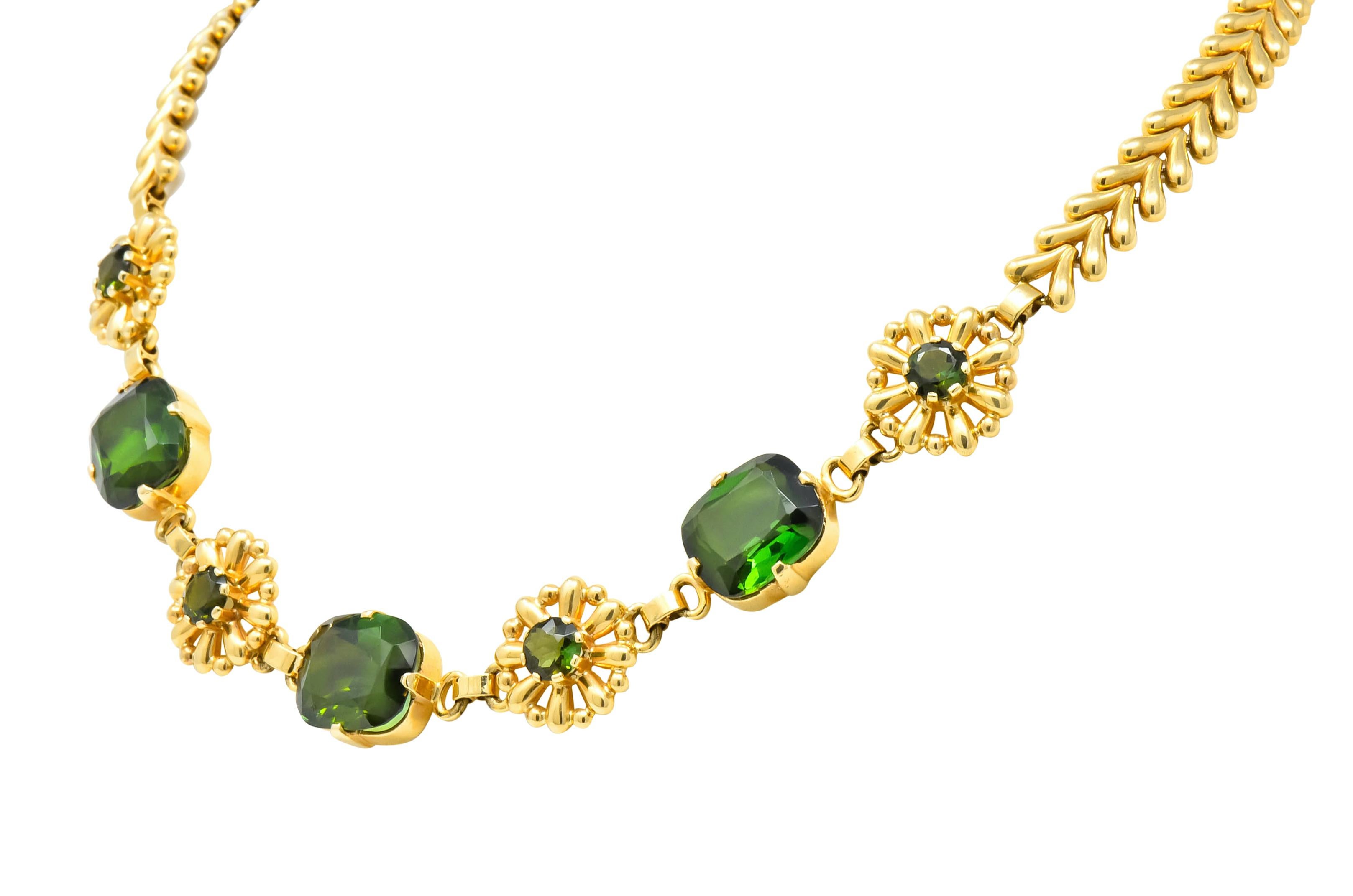 Tiffany & Co. Retro 60.00 Carat Tourmaline 14 Karat Gold Floral Link Bracelet In Excellent Condition In Philadelphia, PA