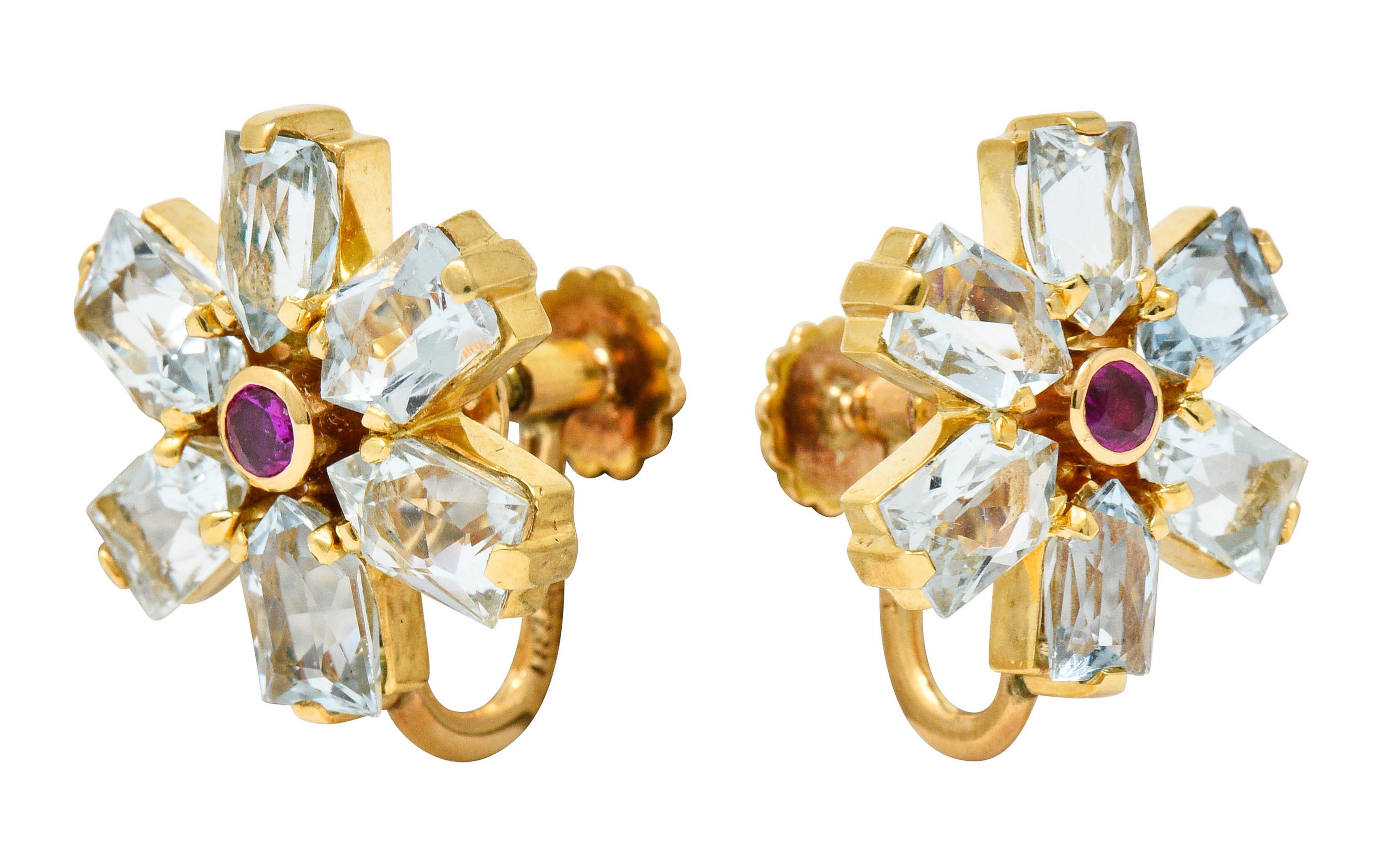 Women's or Men's Tiffany & Co. Retro 6.20 Carat Aquamarine Ruby 14 Karat Gold Flower Earrings