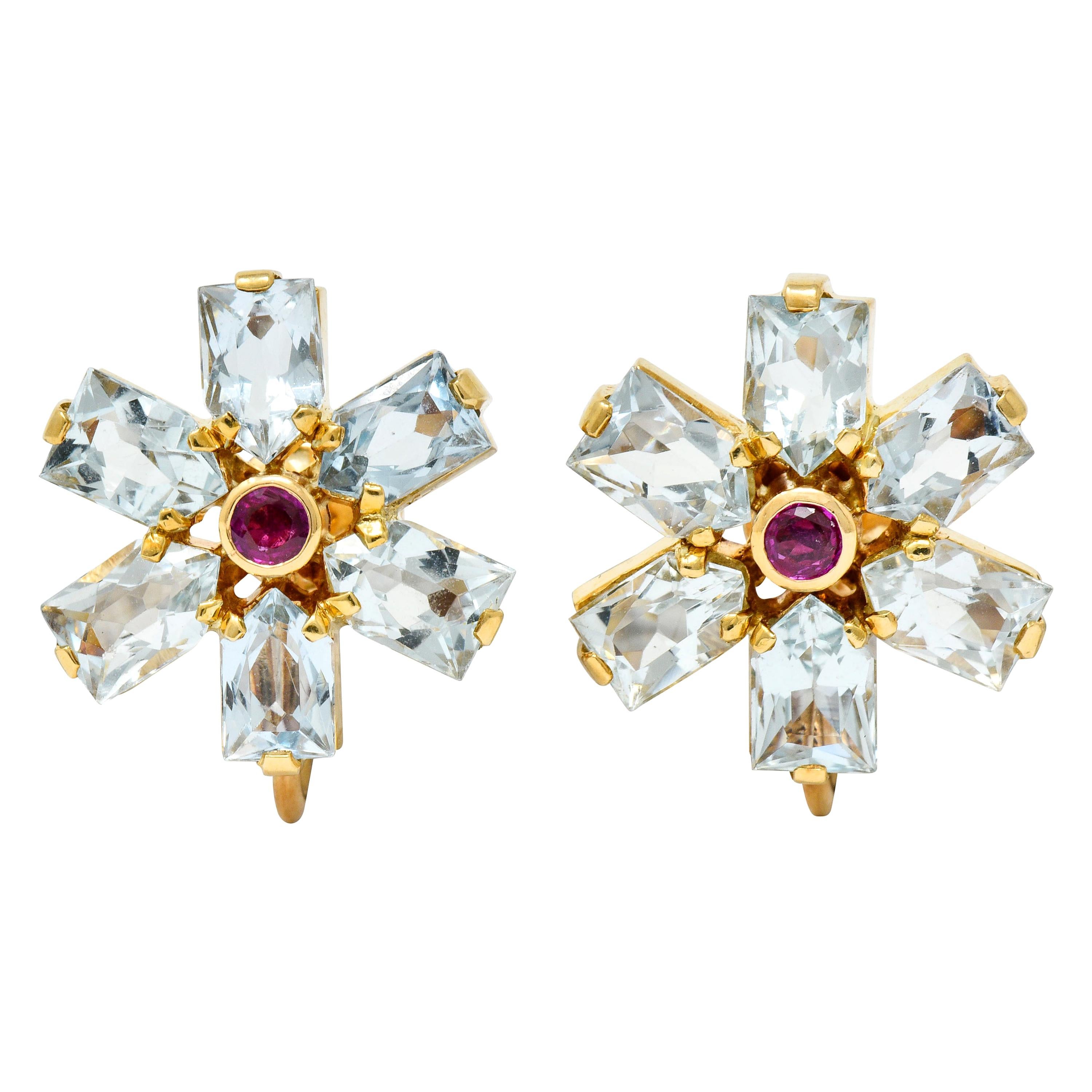 Tiffany & Co. Retro 6.20 Carat Aquamarine Ruby 14 Karat Gold Flower Earrings