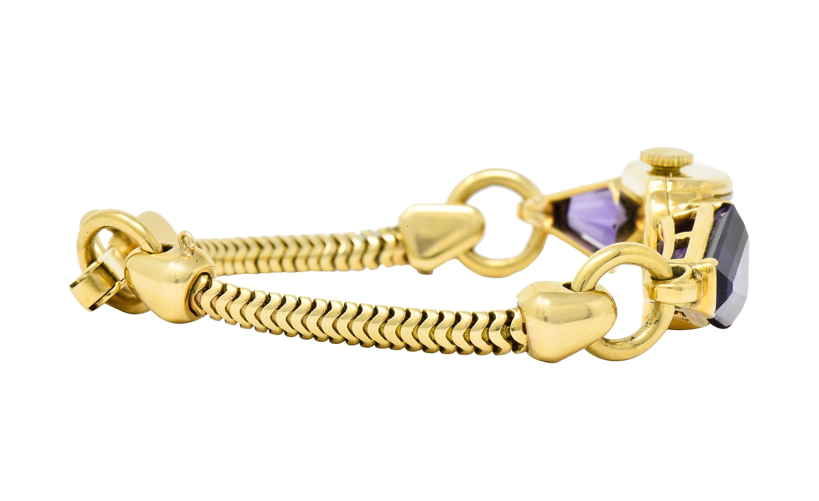 Tiffany & Co. Retro Amethyst Diamond 14 Karat Gold Watch Bracelet 6