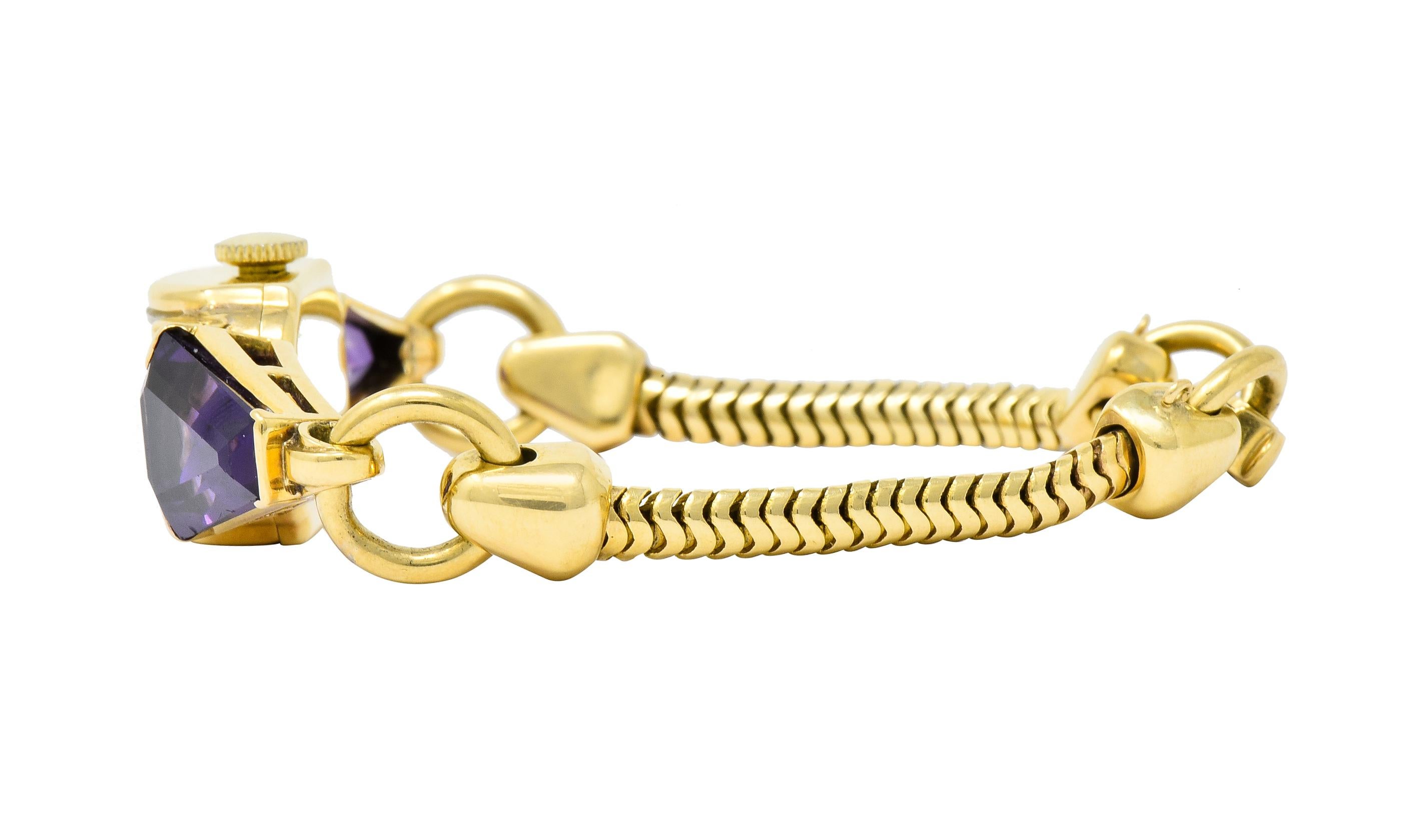 Tiffany & Co. Retro Amethyst Diamond 14 Karat Gold Watch Bracelet 8
