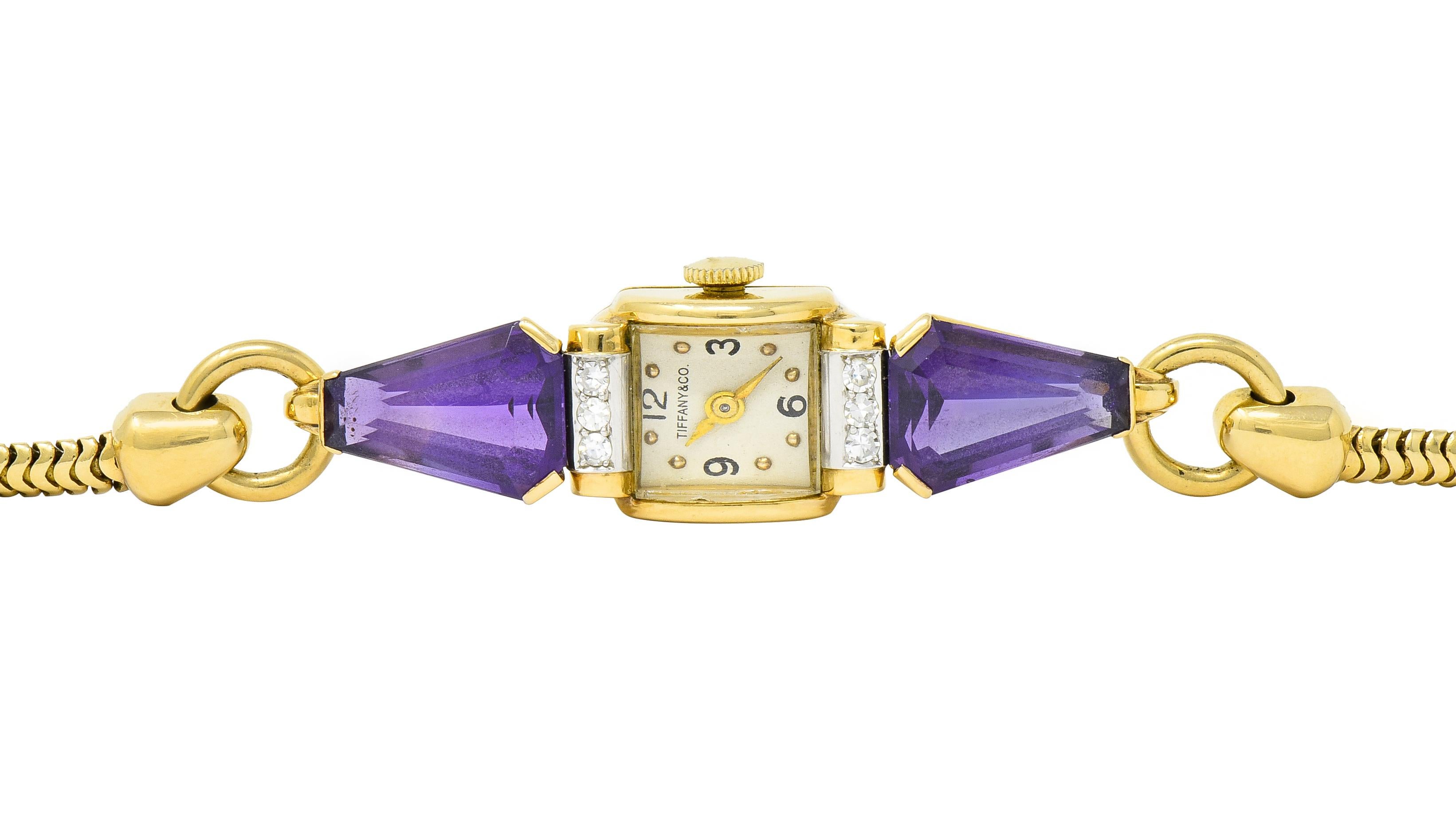 Women's or Men's Tiffany & Co. Retro Amethyst Diamond 14 Karat Gold Watch Bracelet