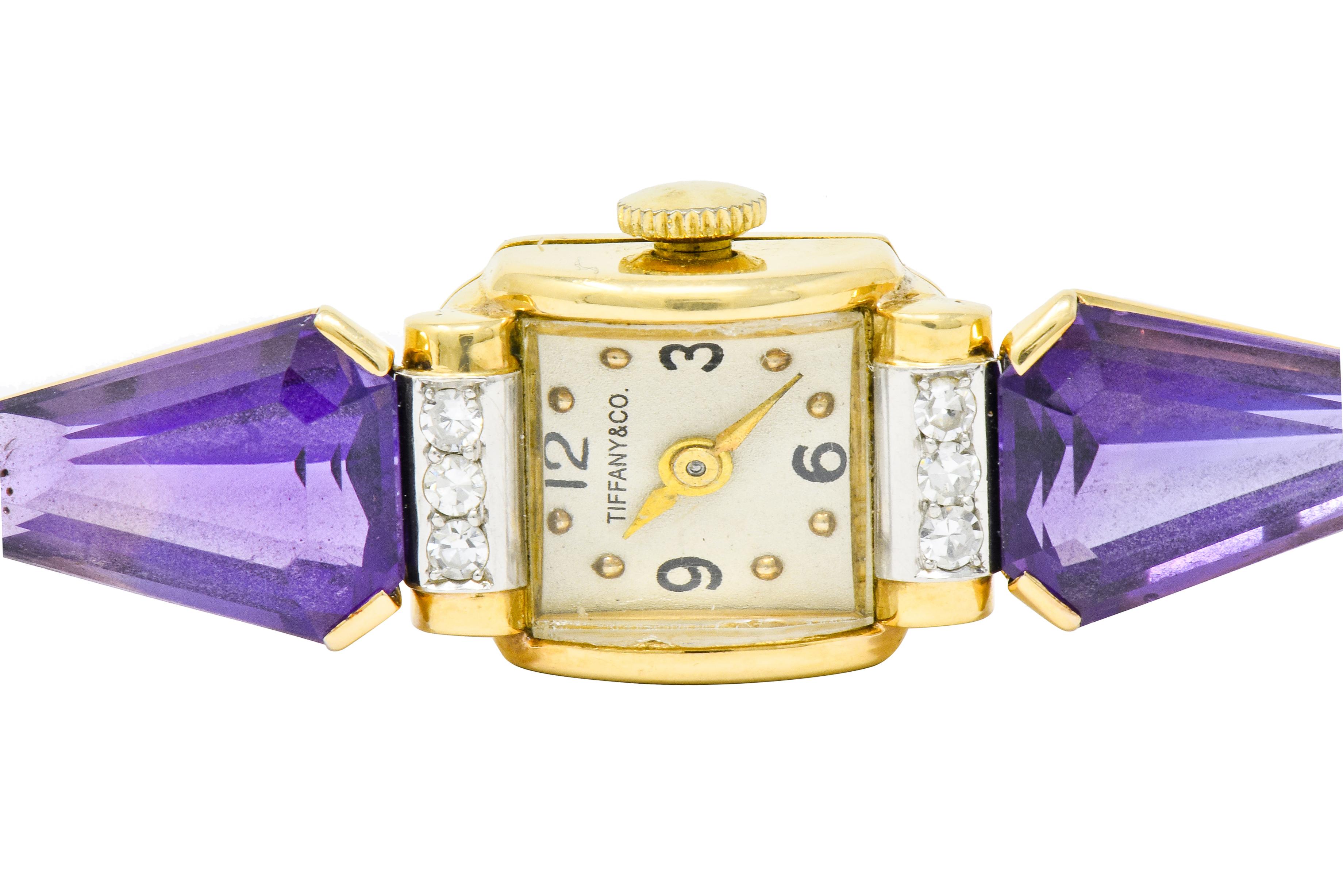 Tiffany & Co. Retro Amethyst Diamond 14 Karat Gold Watch Bracelet 3