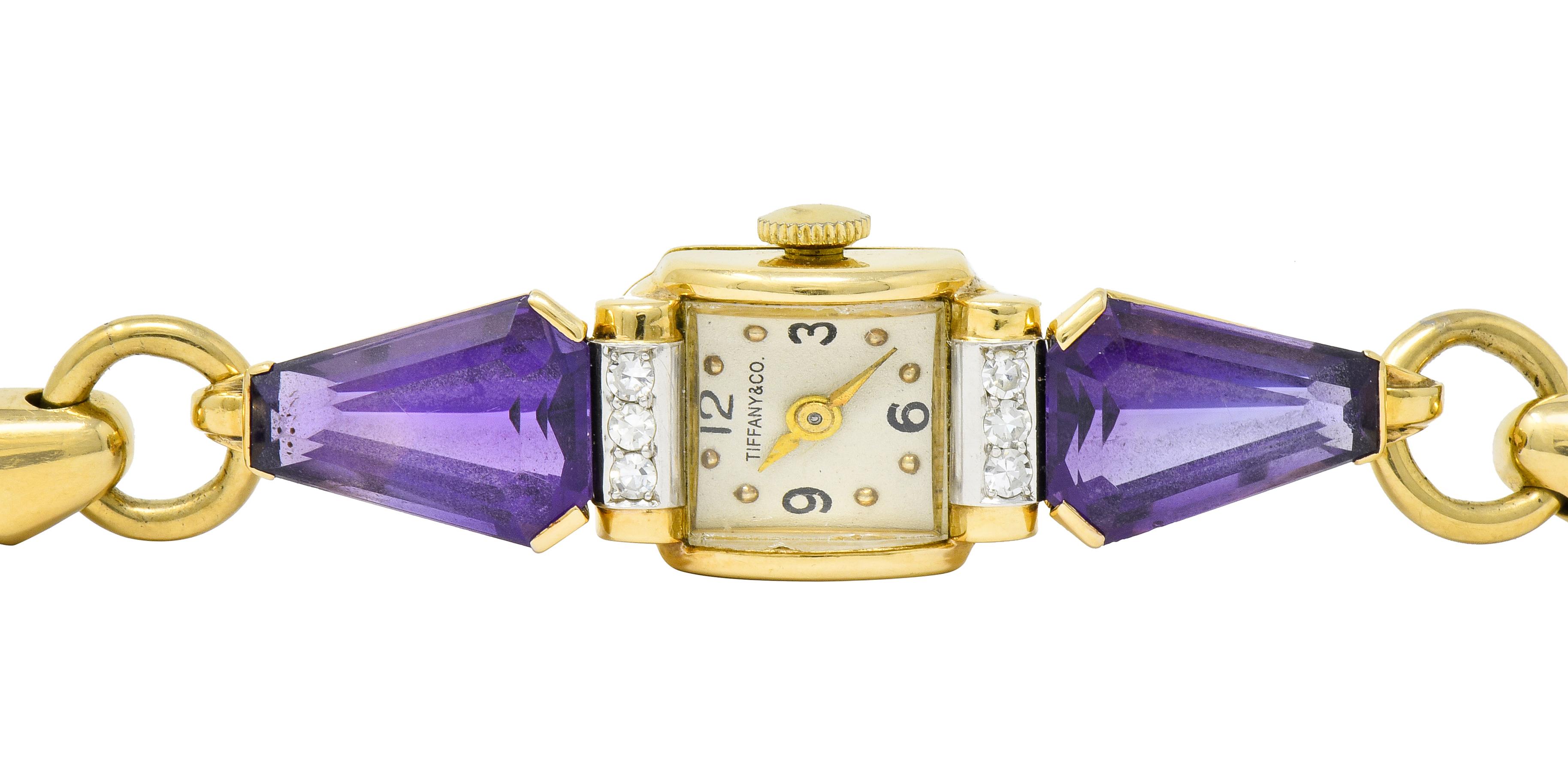 Tiffany & Co. Retro Amethyst Diamond 14 Karat Gold Watch Bracelet 5