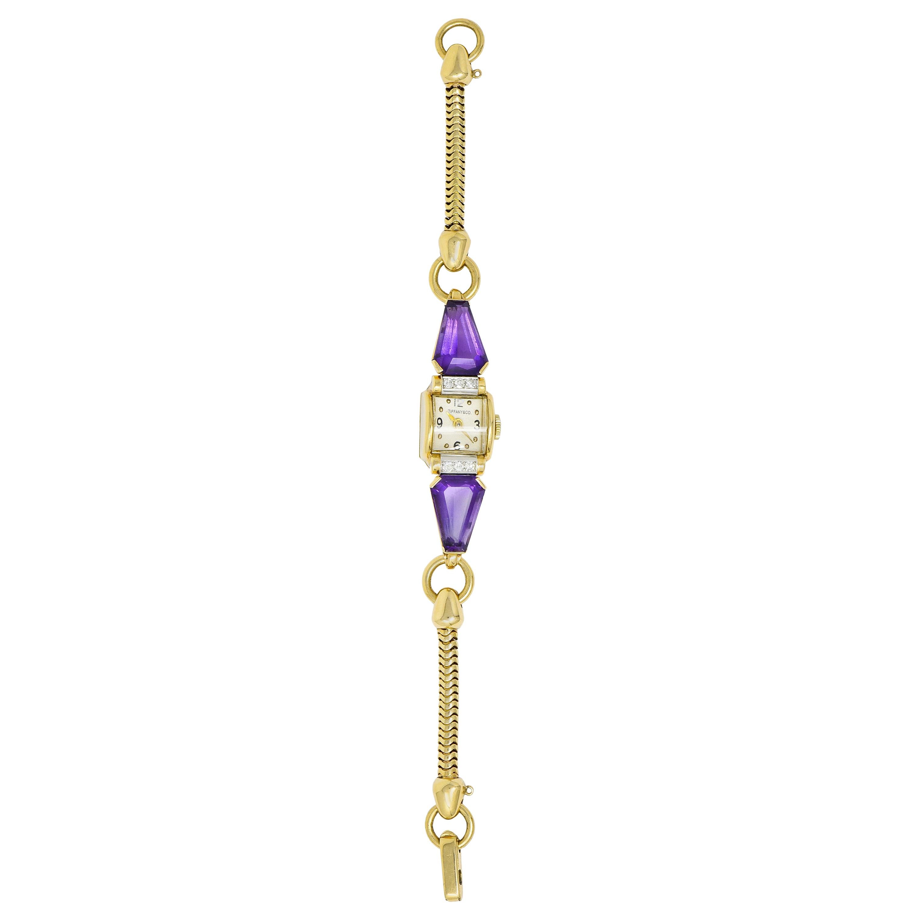 Tiffany & Co. Retro Amethyst Diamond 14 Karat Gold Watch Bracelet