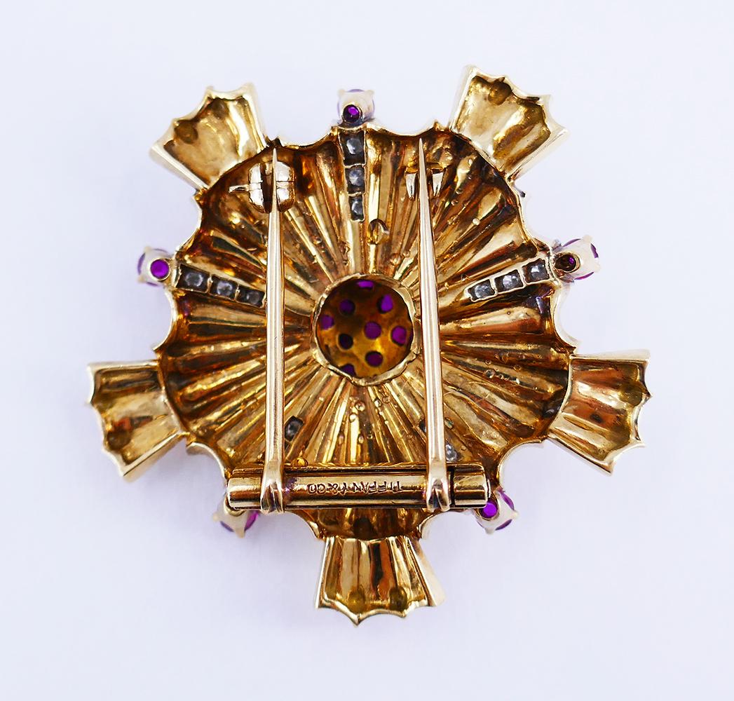 Mixed Cut Tiffany & Co. Retro Brooch Pendant 14k Gold Ruby Diamond Pin Estate Jewelry