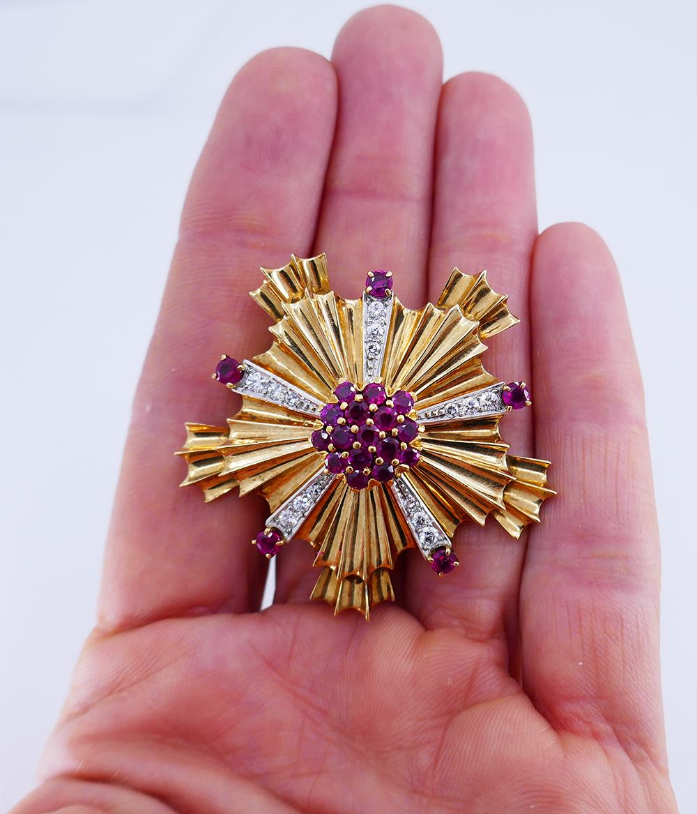 Tiffany & Co. Retro Brooch Pendant 14k Gold Ruby Diamond Pin Estate Jewelry 2
