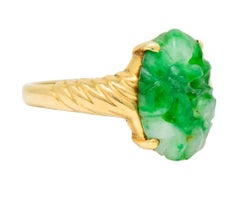 Tiffany & Co. Retro Carved Jade 14 Karat Gold Floral Ring