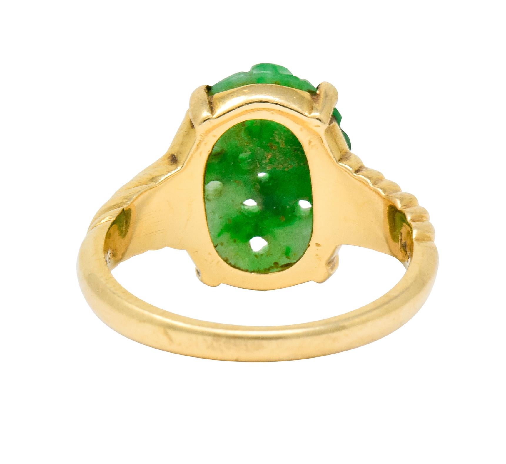 Oval Cut Tiffany & Co. Retro Carved Jade 14 Karat Gold Floral Ring