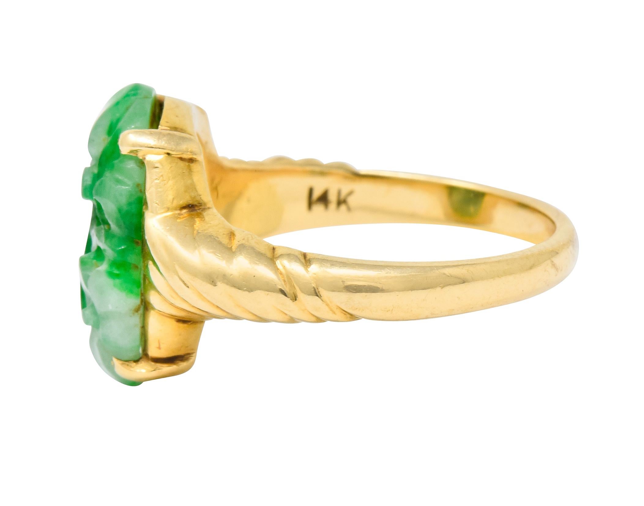 Tiffany & Co. Retro Carved Jade 14 Karat Gold Floral Ring In Excellent Condition In Philadelphia, PA