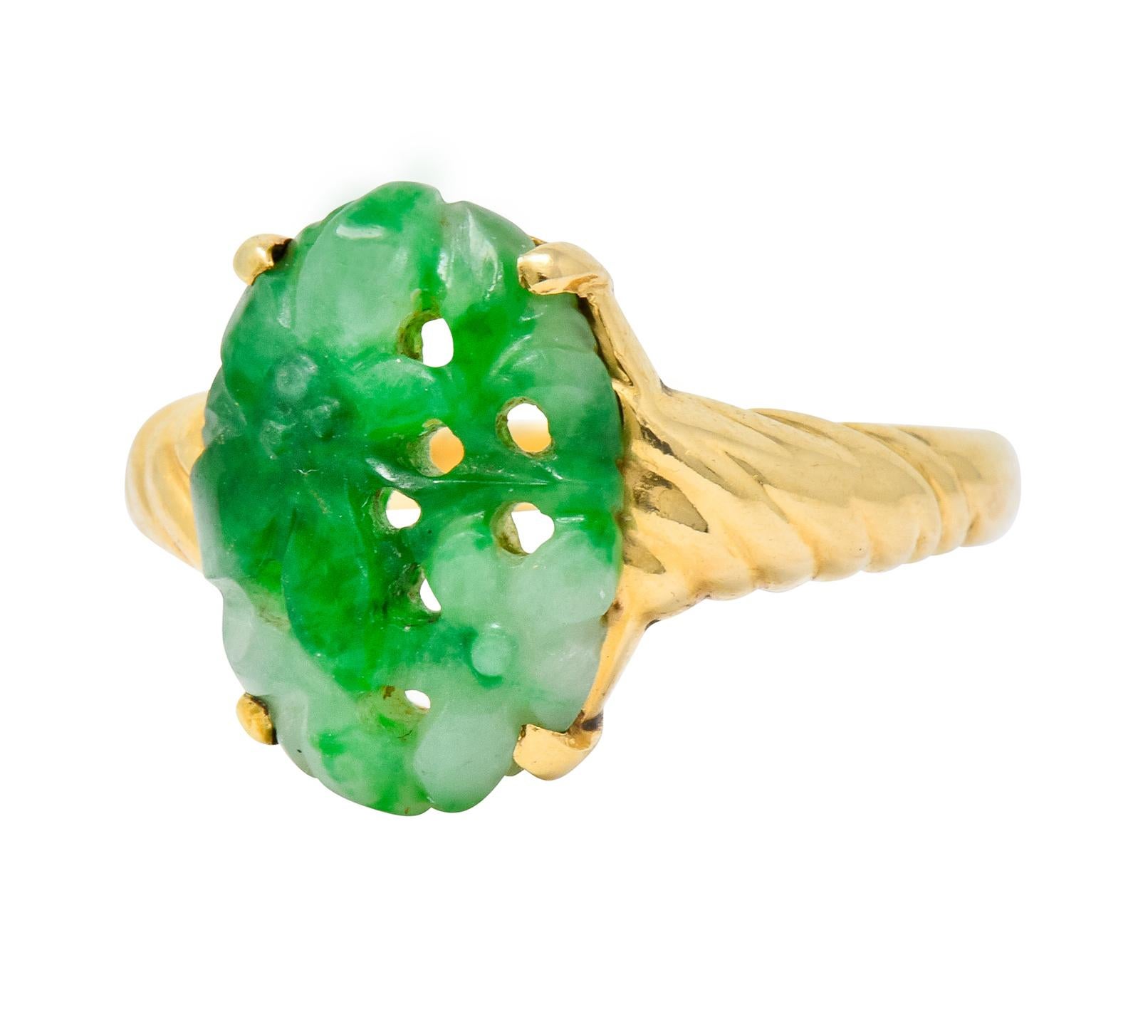 Women's or Men's Tiffany & Co. Retro Carved Jade 14 Karat Gold Floral Ring