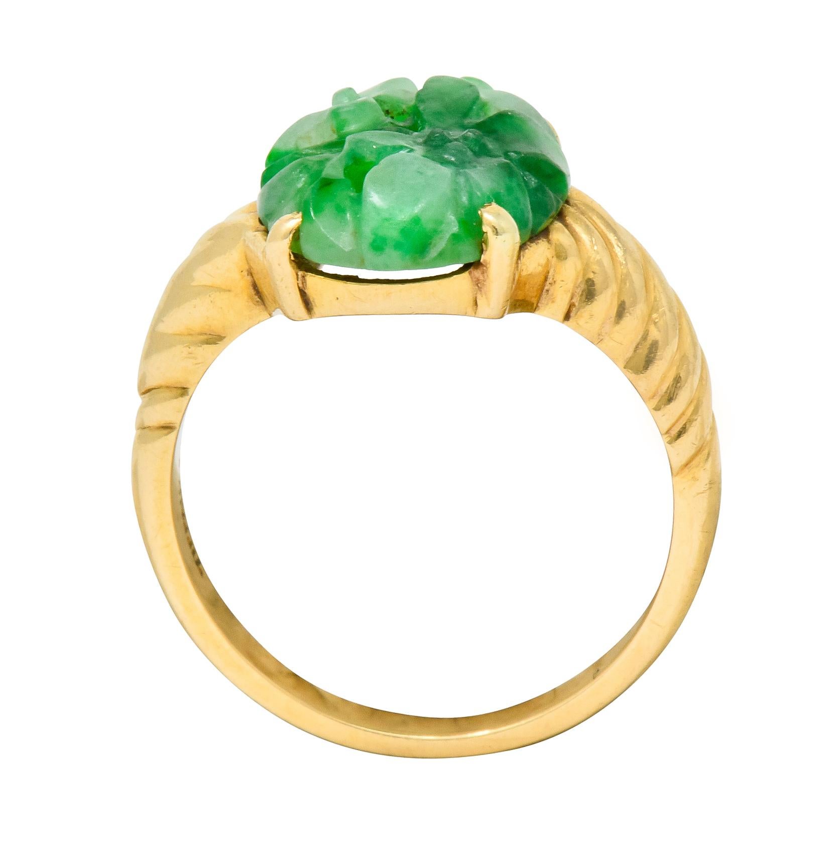 Tiffany & Co. Retro Carved Jade 14 Karat Gold Floral Ring 3