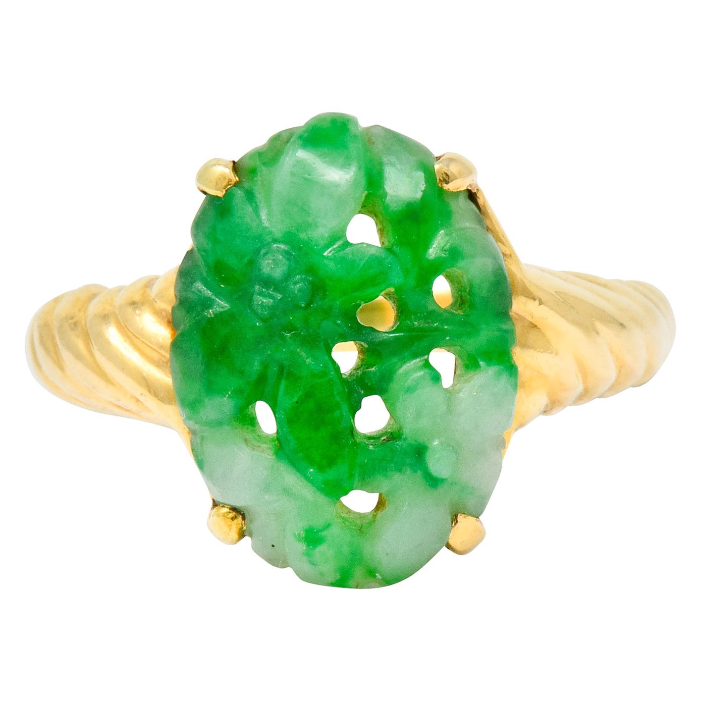 Tiffany & Co. Retro Carved Jade 14 Karat Gold Floral Ring