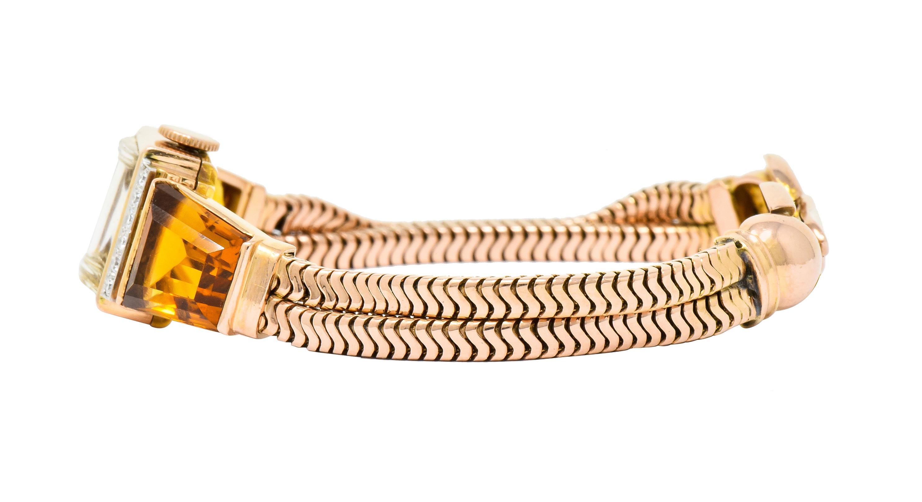 Tiffany & Co. Retro Citrine Diamond 14 Karat Rose Gold Watch Bracelet 7