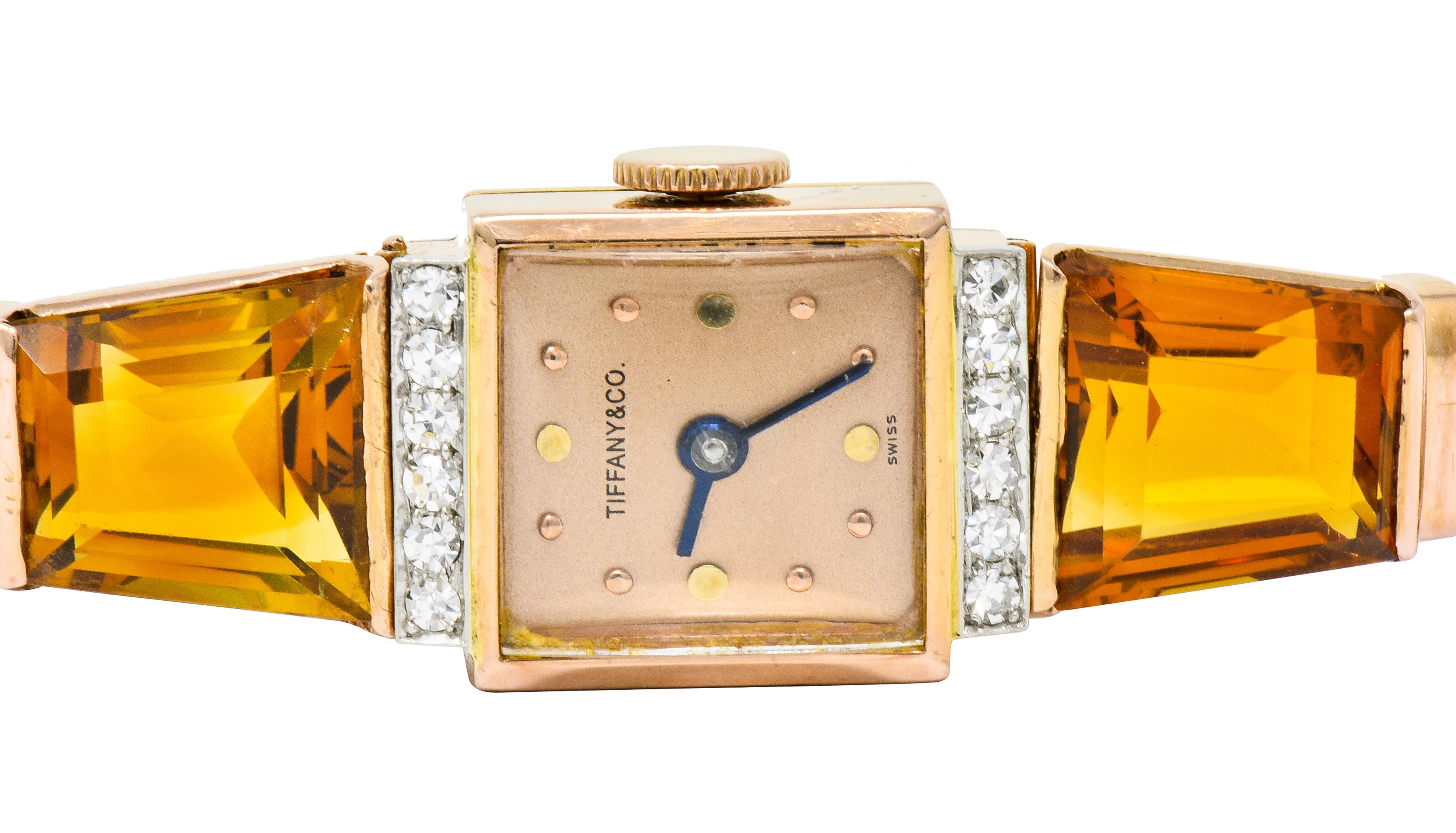 Tiffany & Co. Retro Citrine Diamond 14 Karat Rose Gold Watch Bracelet 8