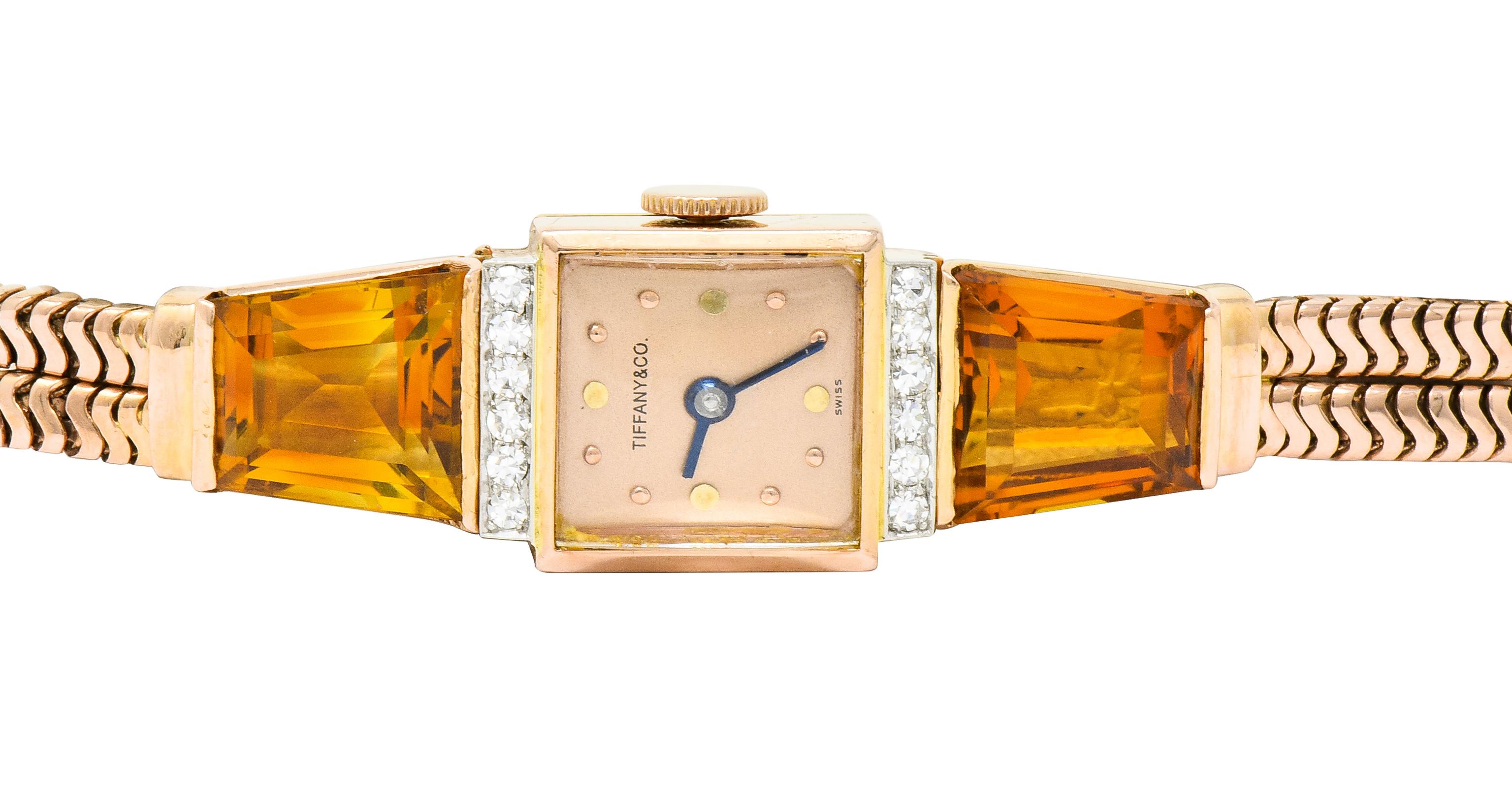 Tiffany & Co. Retro Citrine Diamond 14 Karat Rose Gold Watch Bracelet In Excellent Condition In Philadelphia, PA