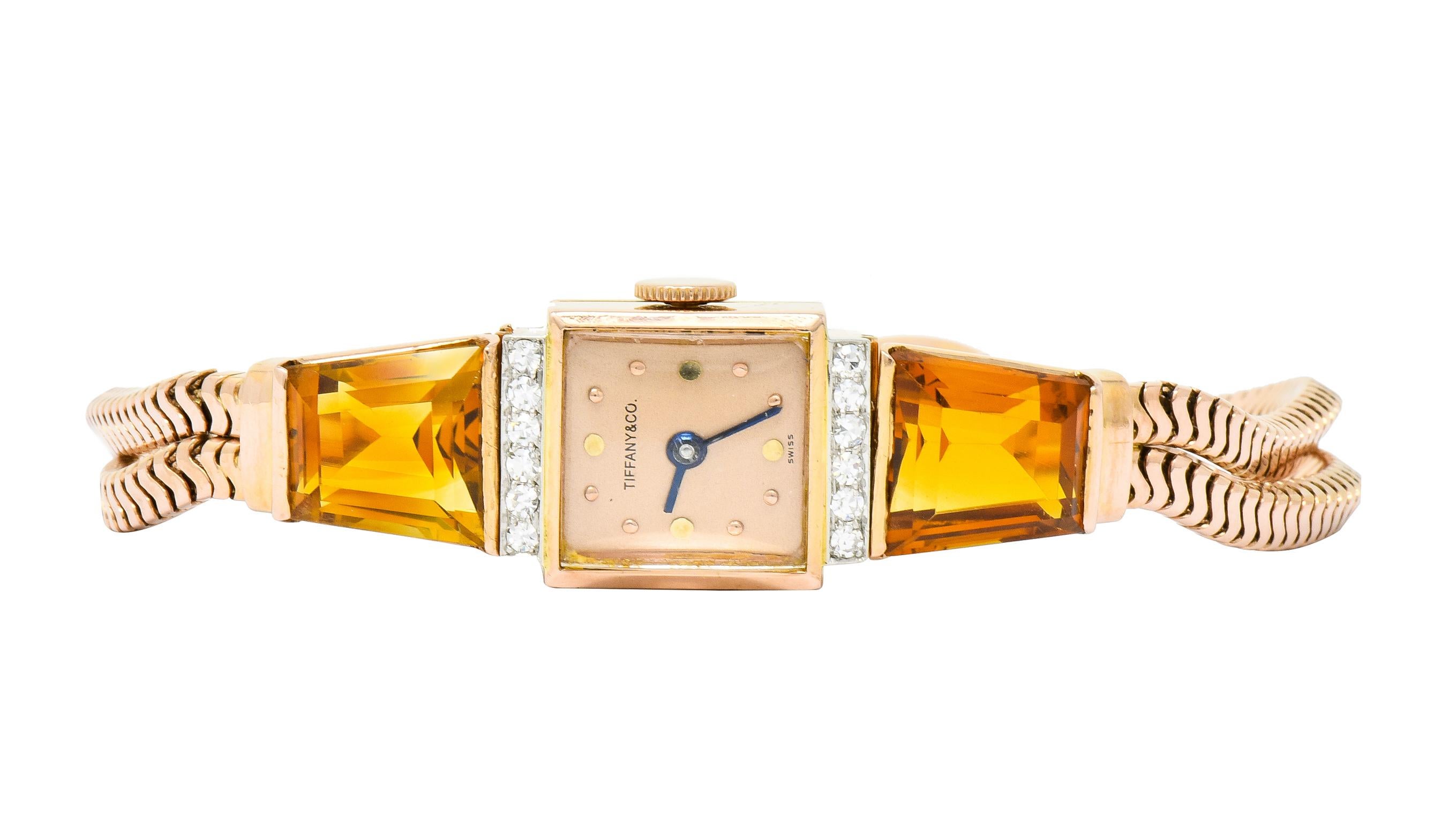 Tiffany & Co. Retro Citrine Diamond 14 Karat Rose Gold Watch Bracelet 4