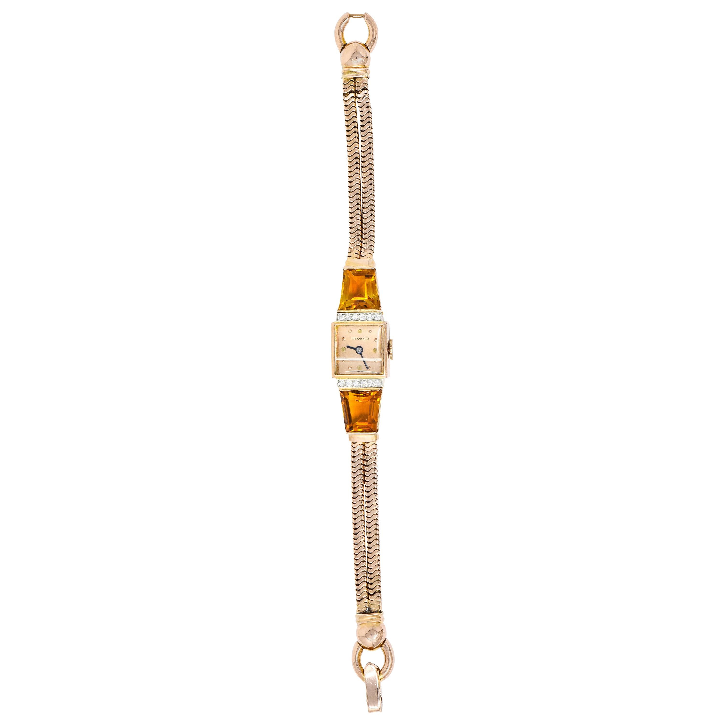 Tiffany & Co. Retro Citrine Diamond 14 Karat Rose Gold Watch Bracelet