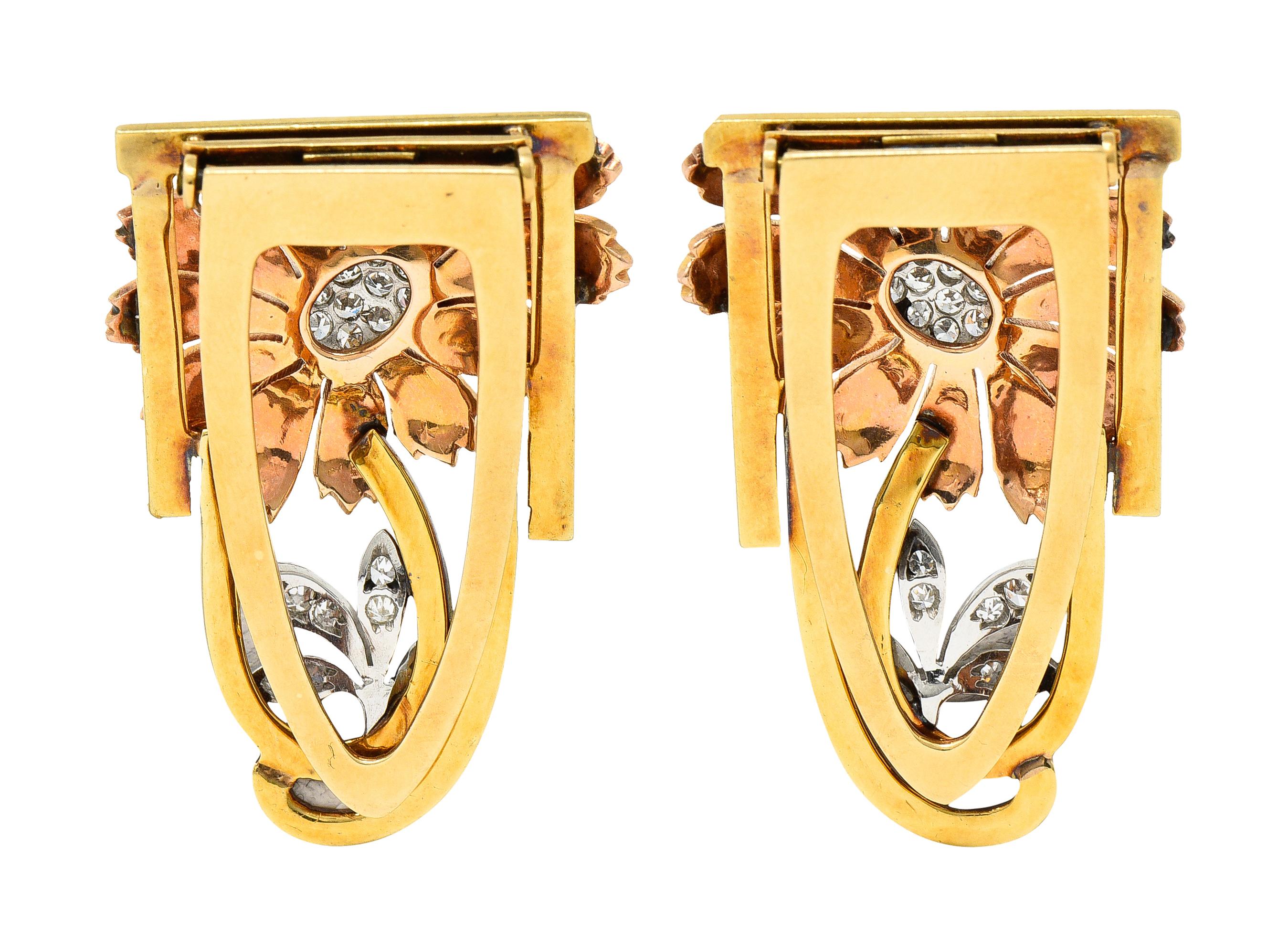 Single Cut Tiffany & Co. Retro Diamond 18 Karat Two-Tone Gold Platinum Flower Clip Brooches
