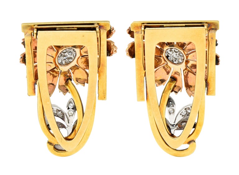 Single Cut Tiffany & Co. Retro Diamond 18 Karat Two-Tone Gold Platinum Flower Clip Brooches For Sale
