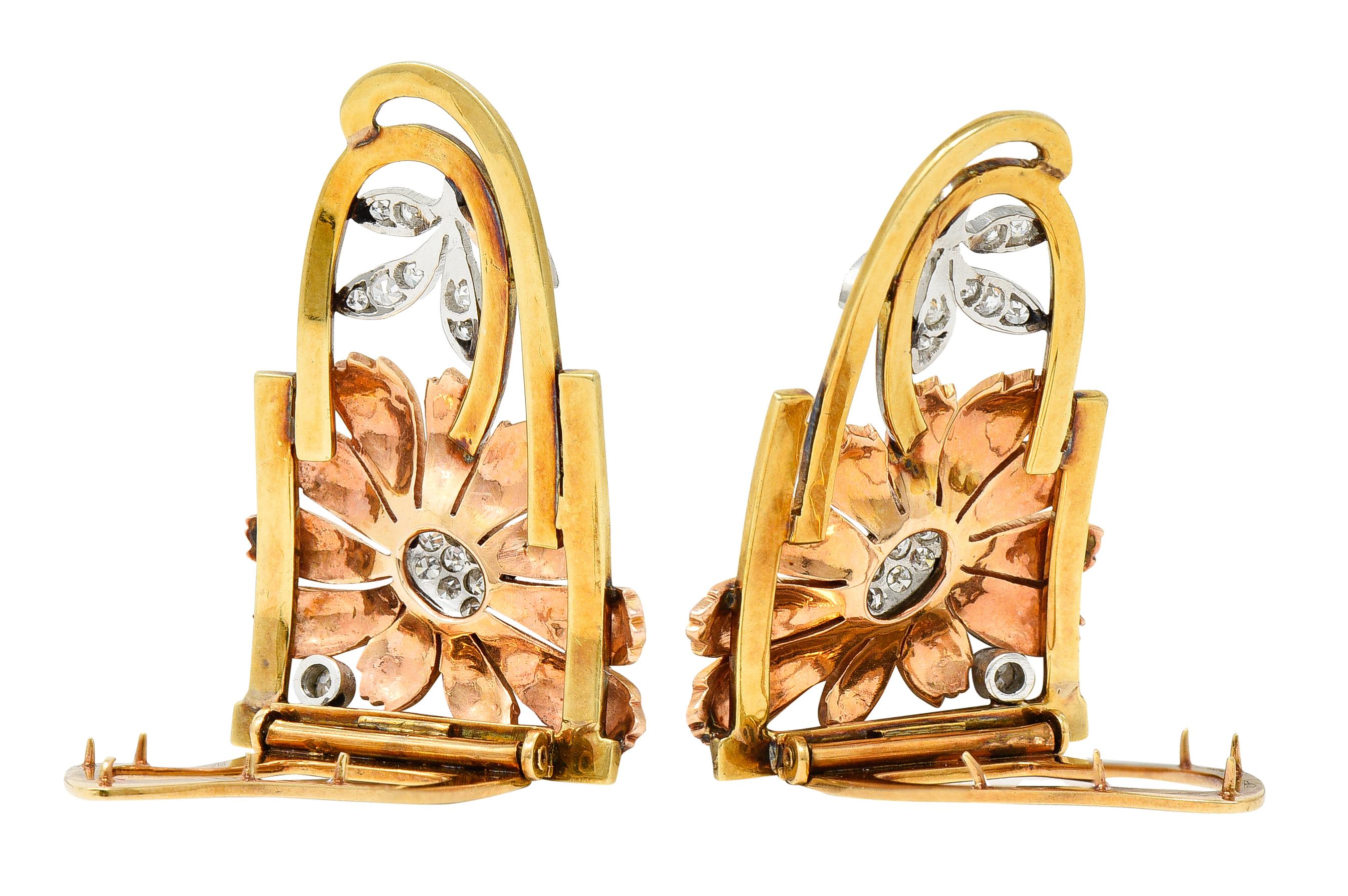 Tiffany & Co. Retro Diamond 18 Karat Two-Tone Gold Platinum Flower Clip Brooches In Excellent Condition In Philadelphia, PA