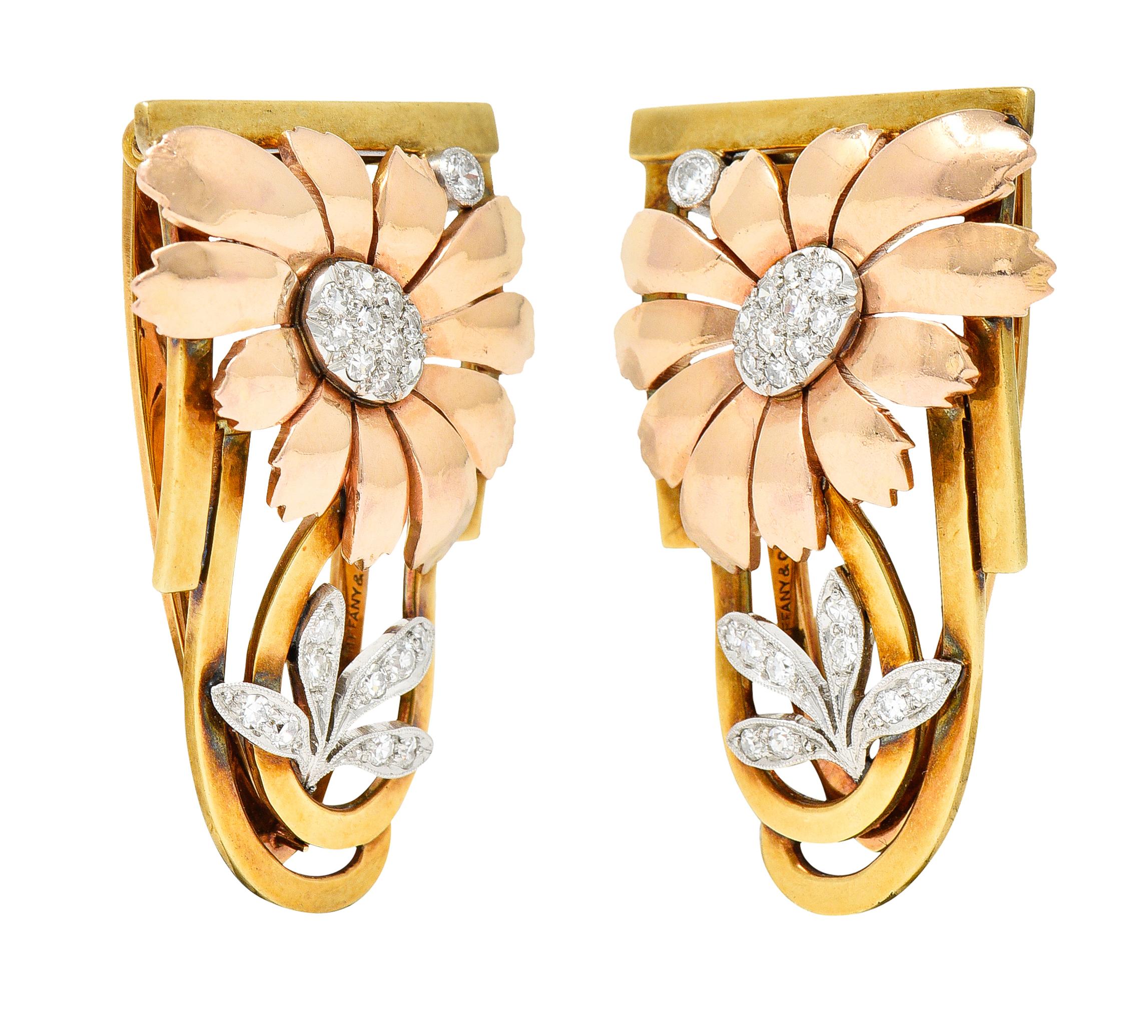 Tiffany & Co. Retro Diamond 18 Karat Two-Tone Gold Platinum Flower Clip Brooches 2