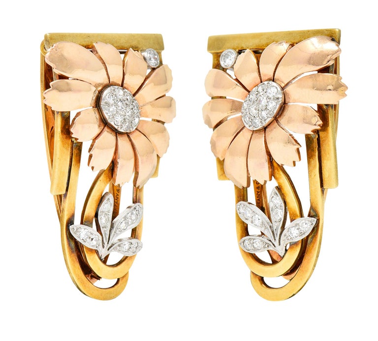 Tiffany & Co. Retro Diamond 18 Karat Two-Tone Gold Platinum Flower Clip Brooches For Sale 2