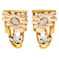 Tiffany & Co. Retro Diamond 18 Karat Two-Tone Gold Platinum Flower Clip Brooches