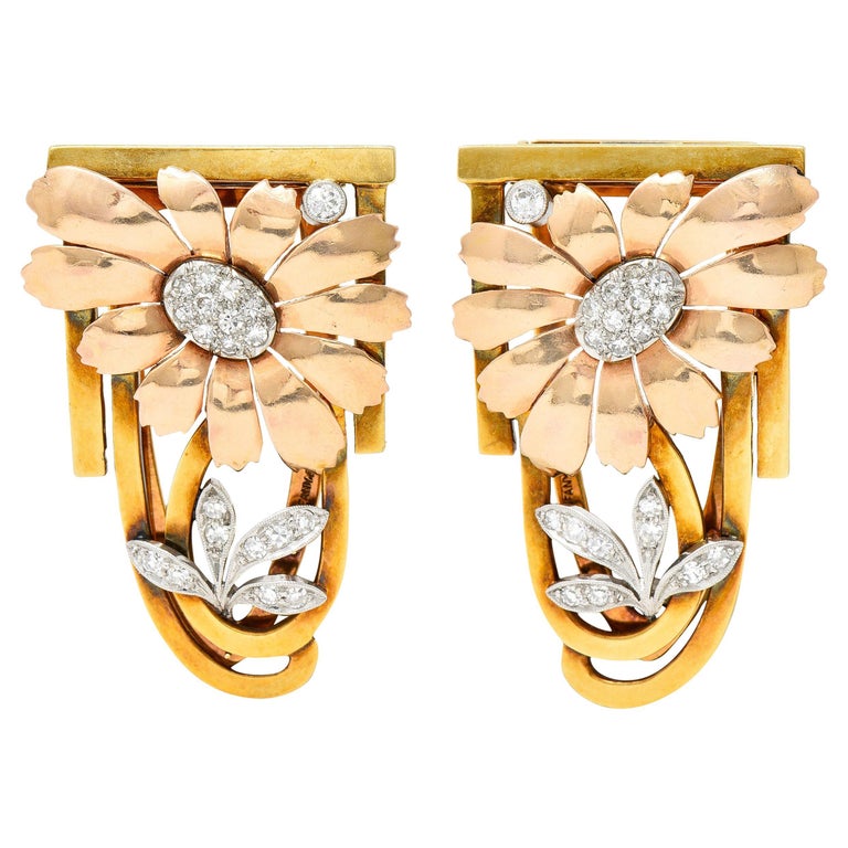 Tiffany & Co. Retro Diamond 18 Karat Two-Tone Gold Platinum Flower Clip Brooches For Sale