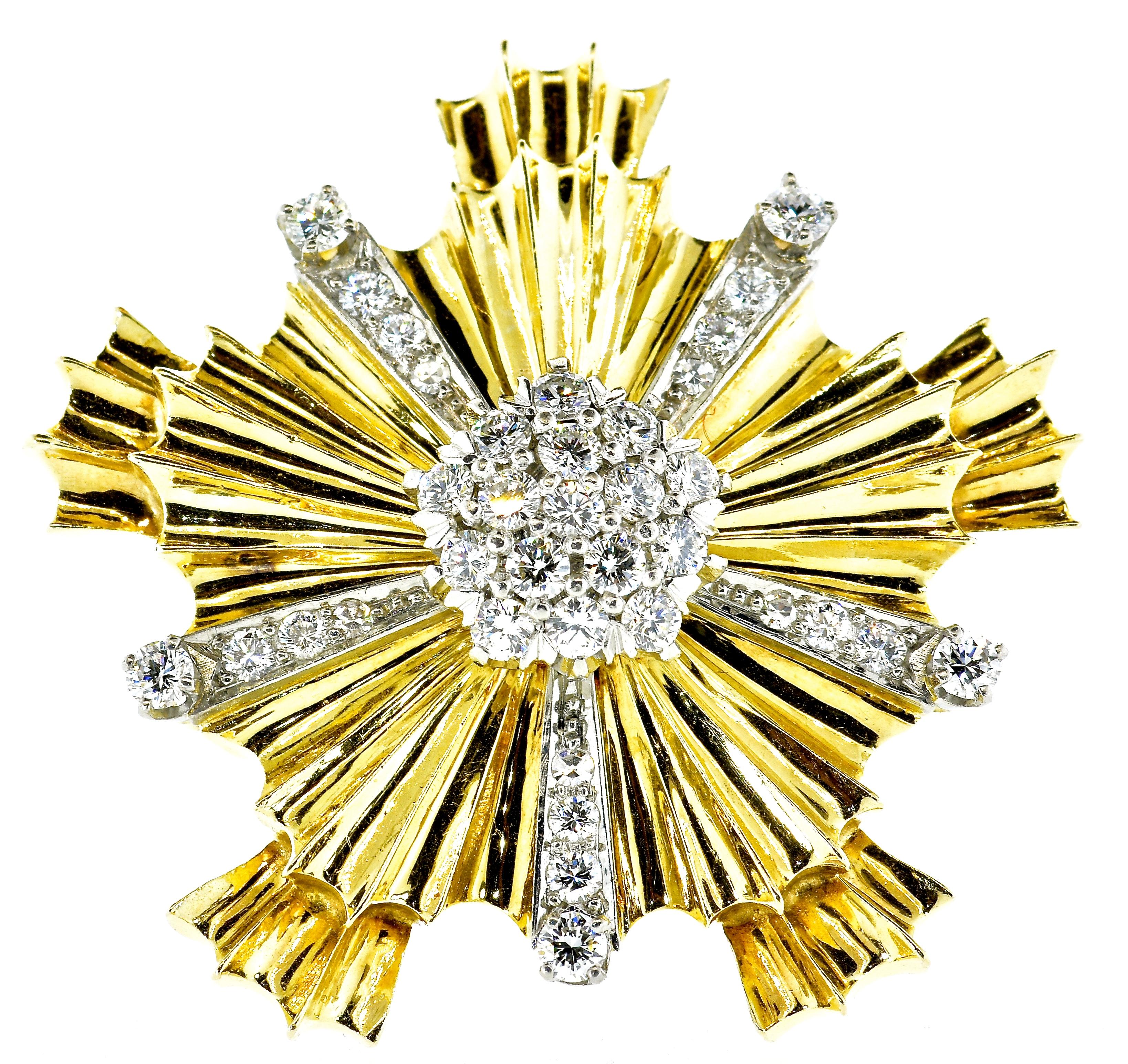Retro, Art Moderne,  gold and platinum Tiffany & Company diamond earrings and matching dress clip.  This stylish retro snowflake motif set was made in the post war period when jewelry became more feminine.    Here we see that dynamism along with the
