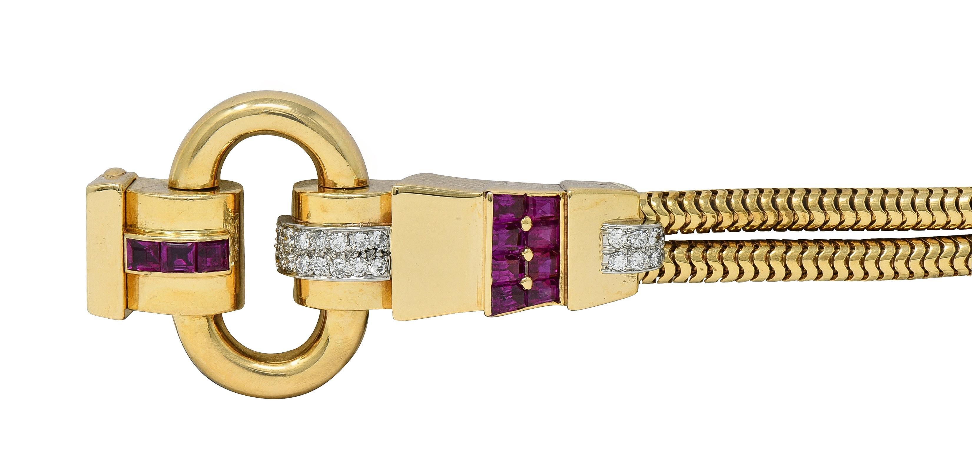 Tiffany & Co. Bracelet rétro en or jaune 14 carats avec diamants, rubis et platine Excellent état - En vente à Philadelphia, PA