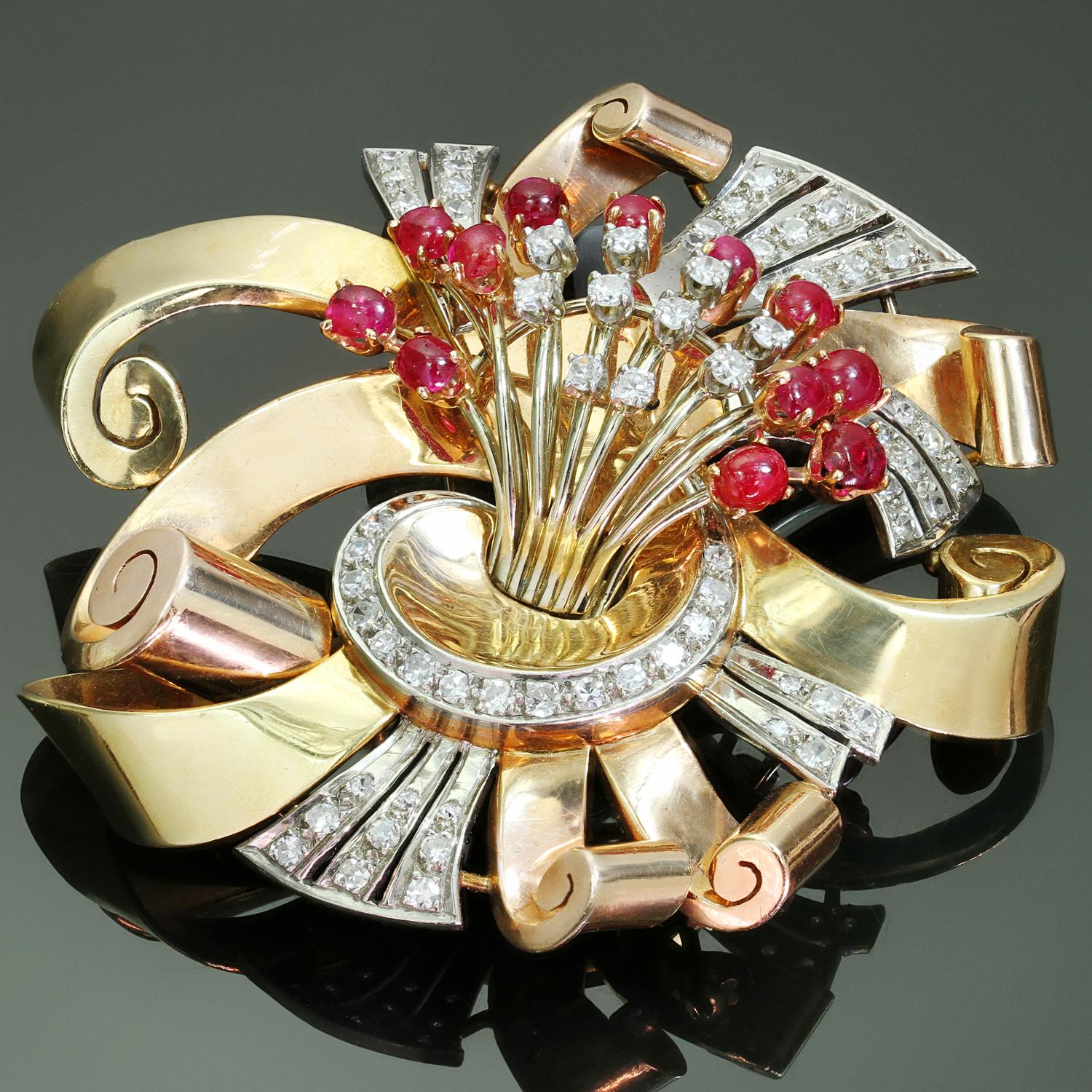 Tiffany & Co. Retro Ansteckbrosche mit Diamant, Rubin und Roségold im Angebot 1