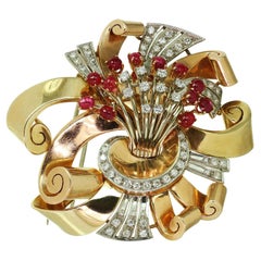 Tiffany & Co. Retro Diamond Ruby Rose Gold Pin Brooch
