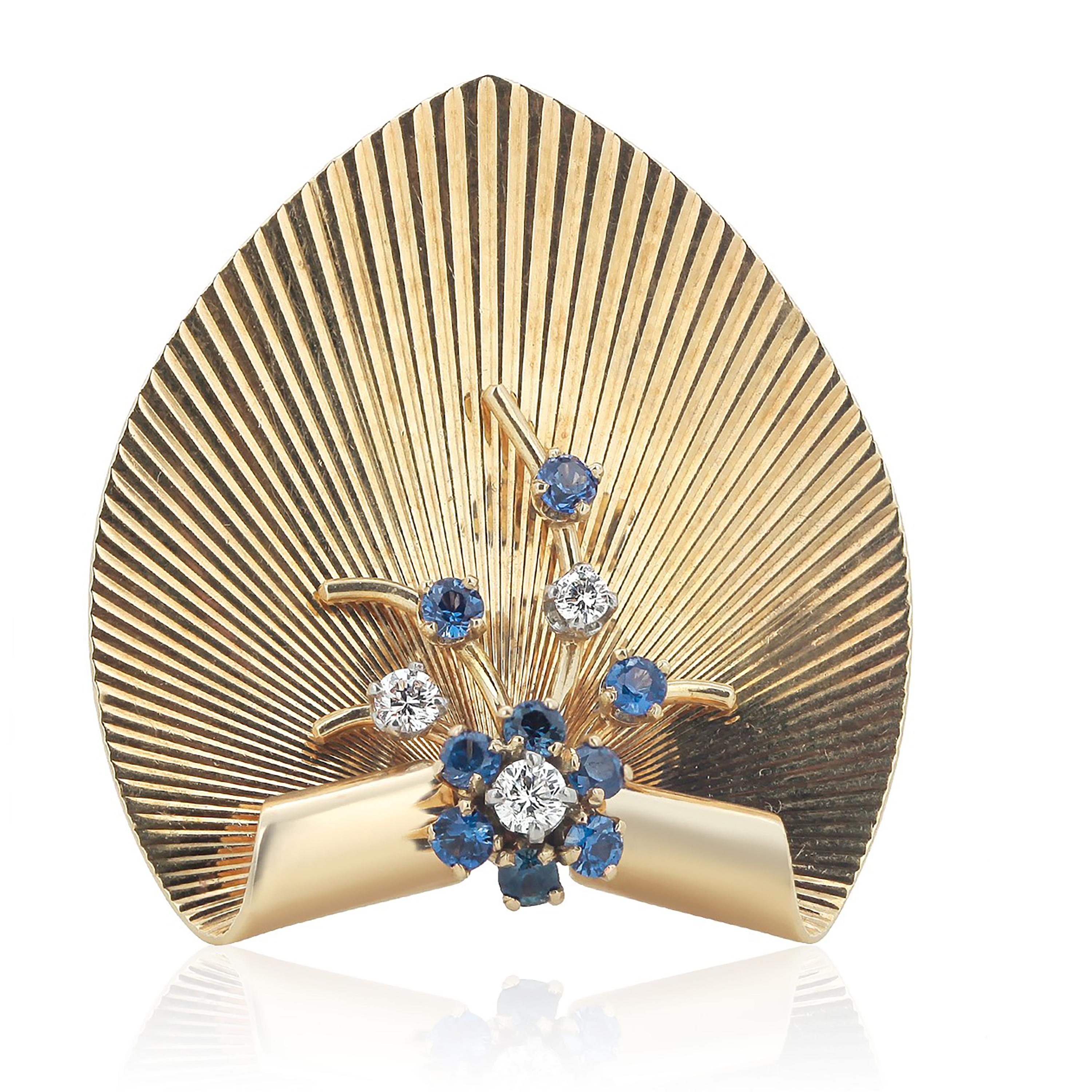 Tiffany Co Retro Diamond Sapphire Yellow Gold 1.30 Inch Wide Brooch Pendant  1