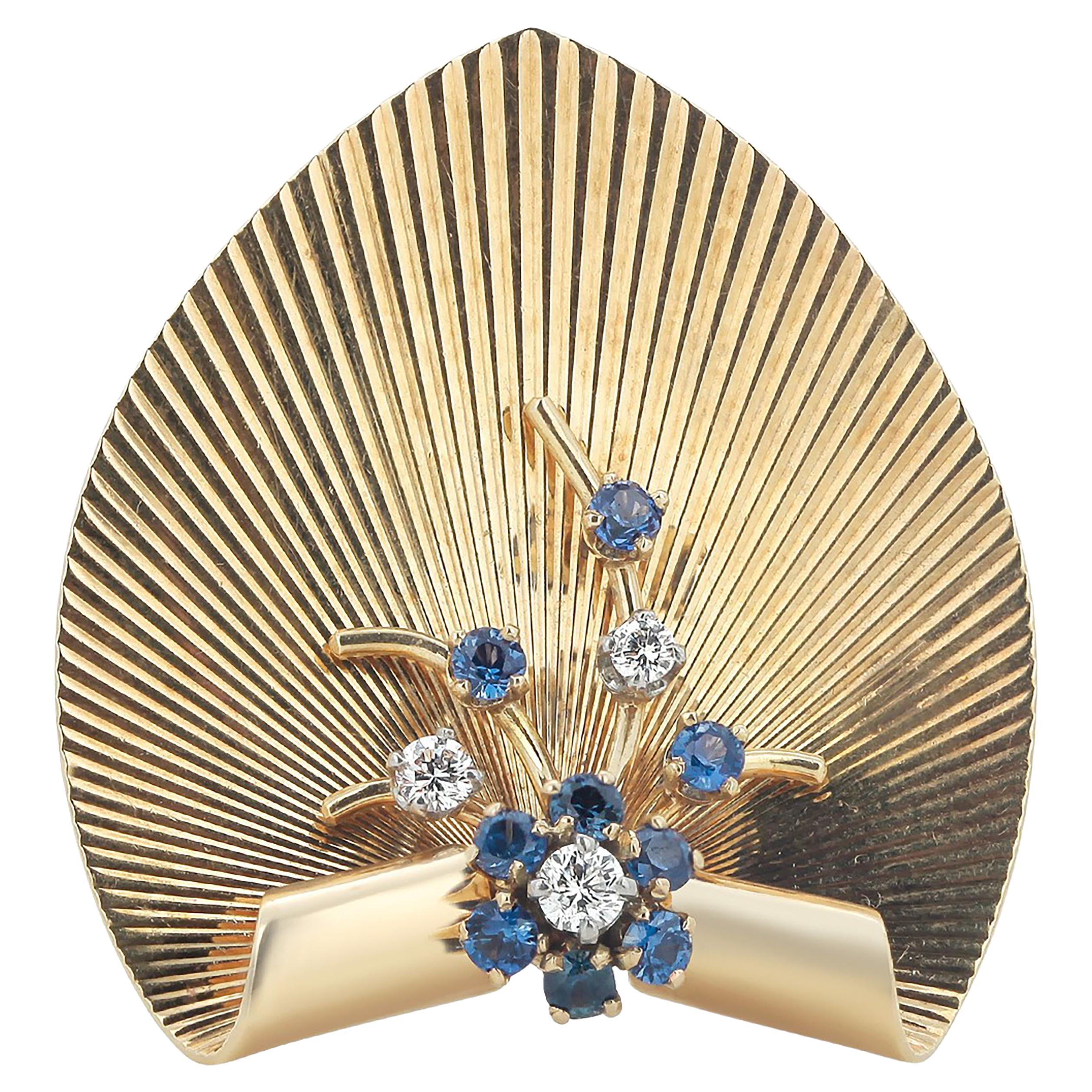Tiffany Co Retro Diamond Sapphire Yellow Gold 1.30 Inch Wide Brooch Pendant 