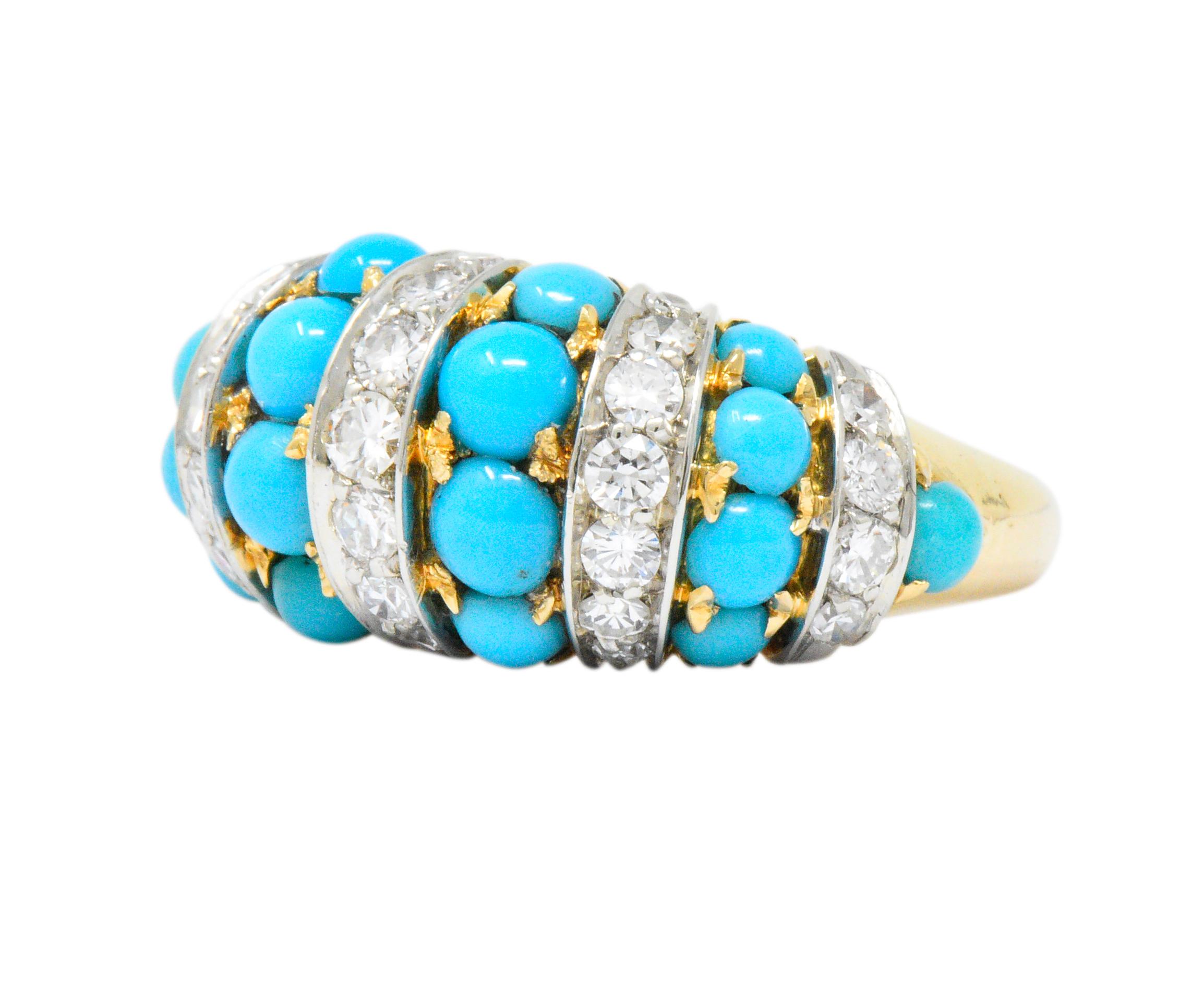 Bombé motif with alternating rows of round cabochon turquoise and diamonds

29 old European and single cut diamonds weighing approximately 1.00 carat total weight, F/G color and VS clarity 

Fully signed Tiffany & Co. 

Circa 1950's

Ring Size: 7