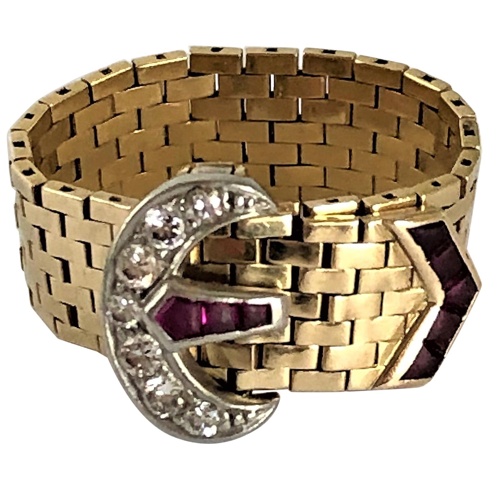 Tiffany & Co. Retro, Gold, Diamond, and Ruby Buckle Ring