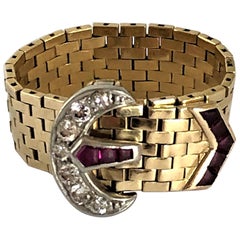 Tiffany & Co. Retro, Gold, Diamond, and Ruby Buckle Ring