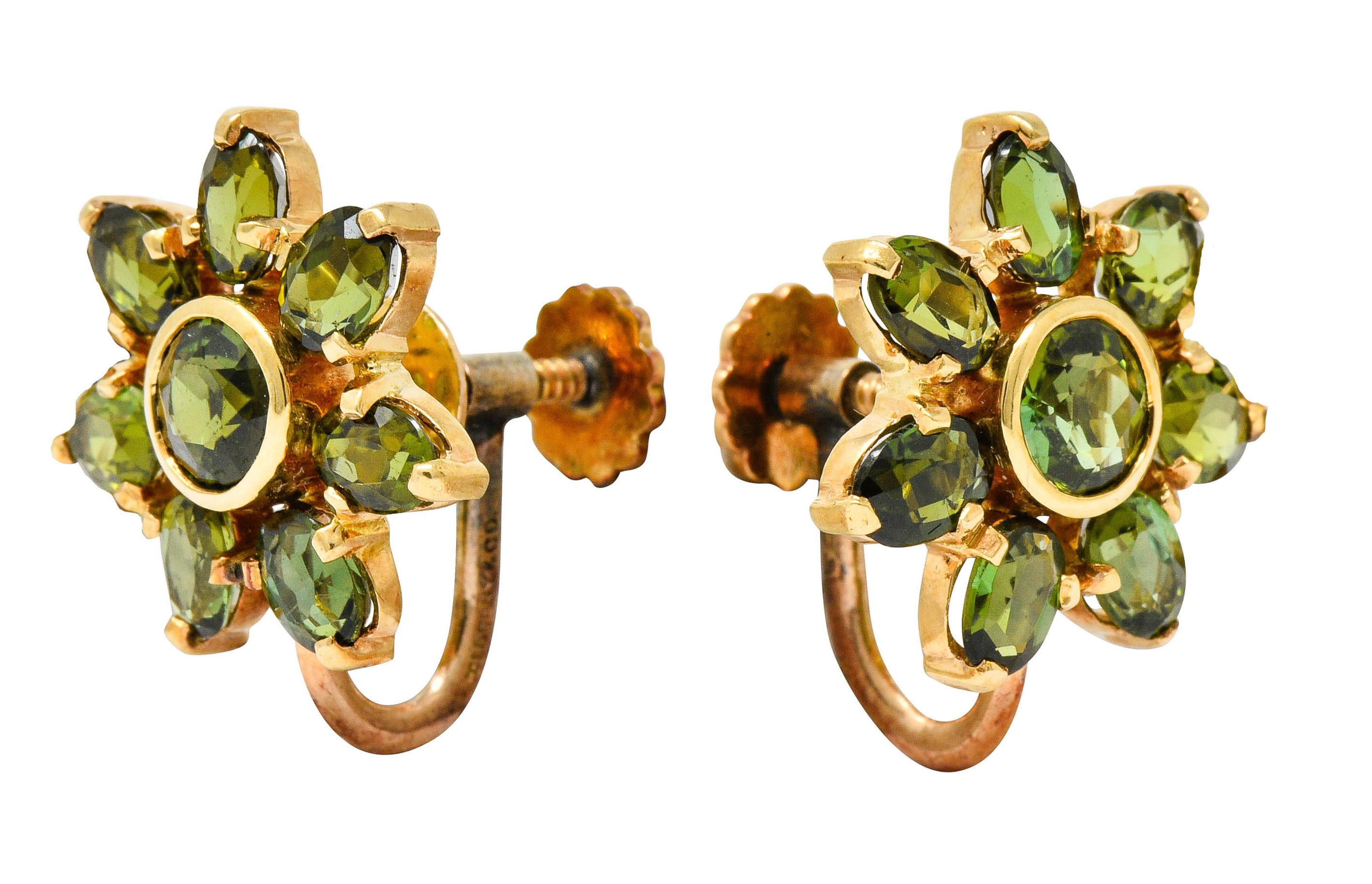 Tiffany & Co. Retro Green Tourmaline 14 Karat Gold Flower Screwback Earrings 2