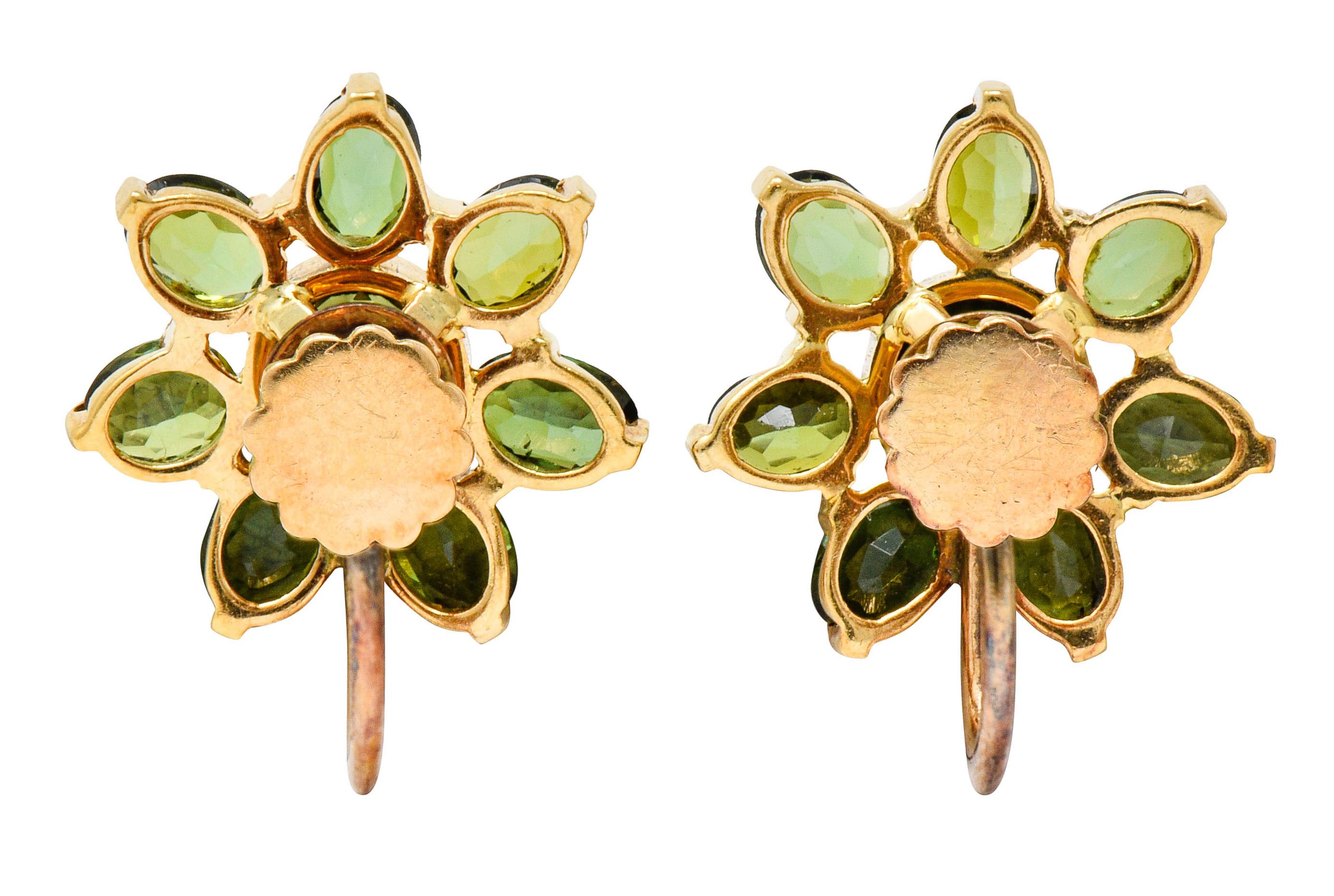 Oval Cut Tiffany & Co. Retro Green Tourmaline 14 Karat Gold Flower Screwback Earrings