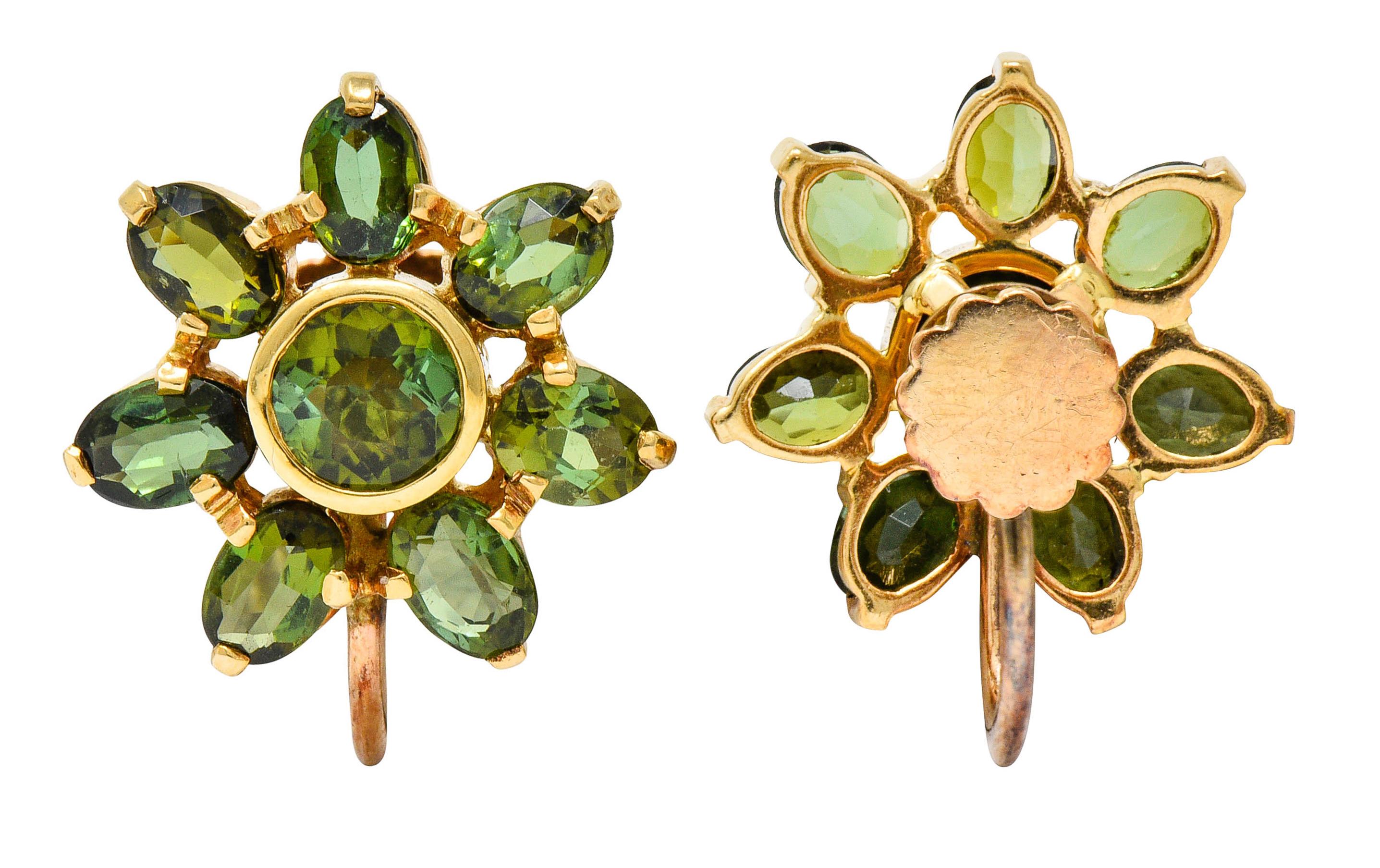 Women's or Men's Tiffany & Co. Retro Green Tourmaline 14 Karat Gold Flower Screwback Earrings