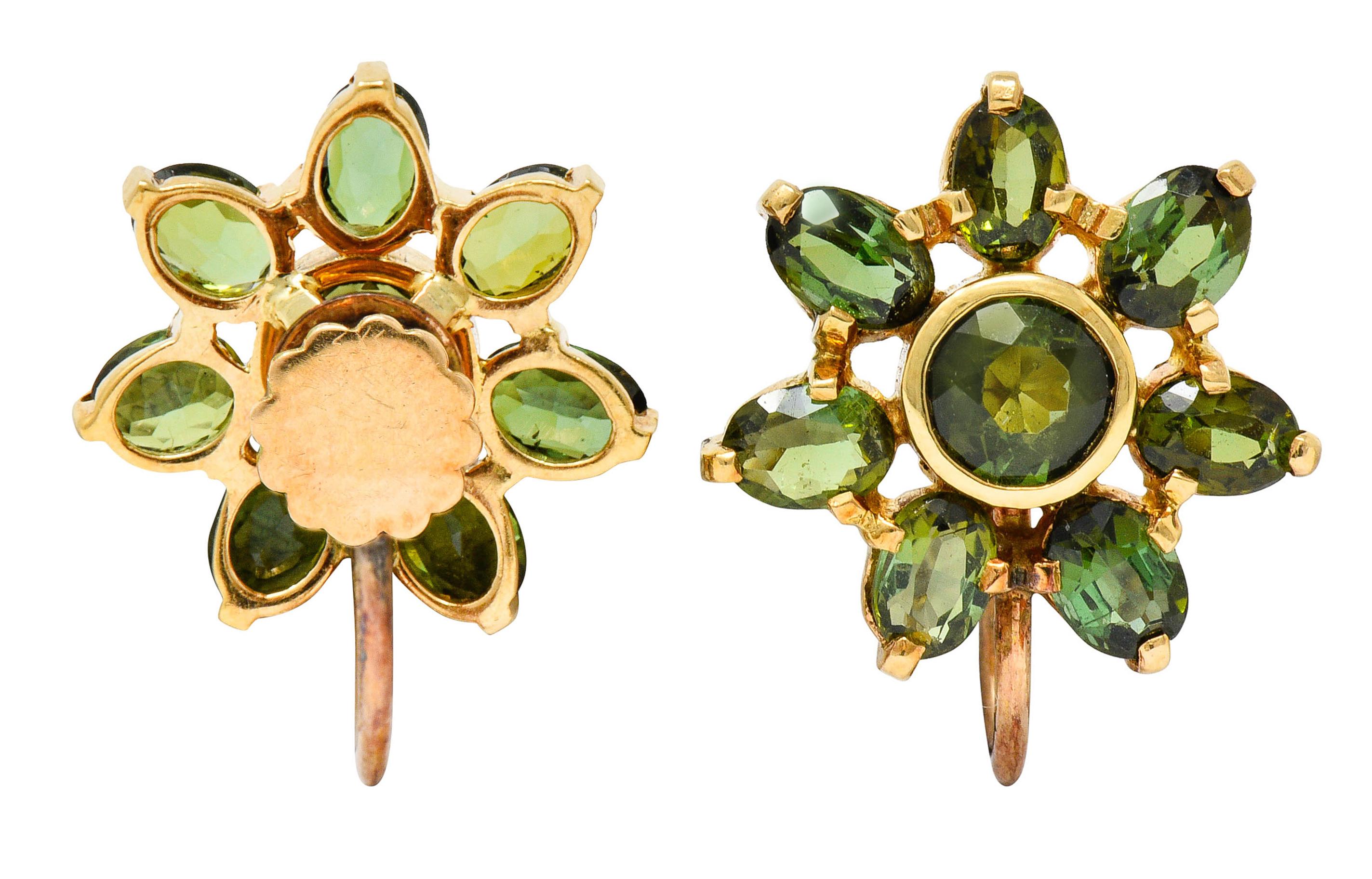 Tiffany & Co. Retro Green Tourmaline 14 Karat Gold Flower Screwback Earrings 1