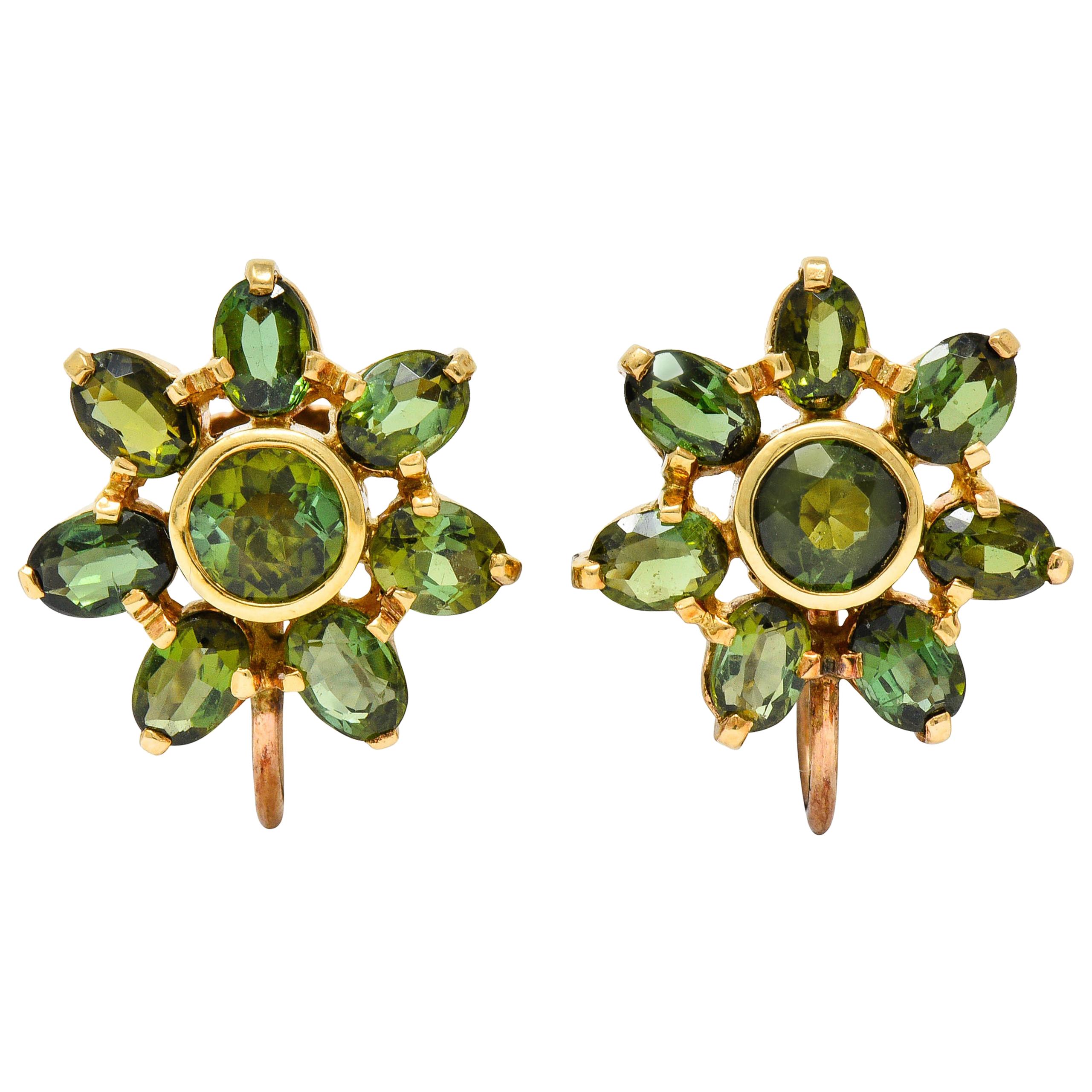 Tiffany & Co. Retro Green Tourmaline 14 Karat Gold Flower Screwback Earrings