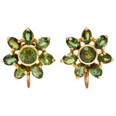 Tiffany & Co. Retro Green Tourmaline 14 Karat Gold Flower Screwback Earrings