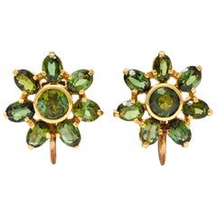 Tiffany & Co. Retro Green Tourmaline 14 Karat Gold Flower Screwback Earrings