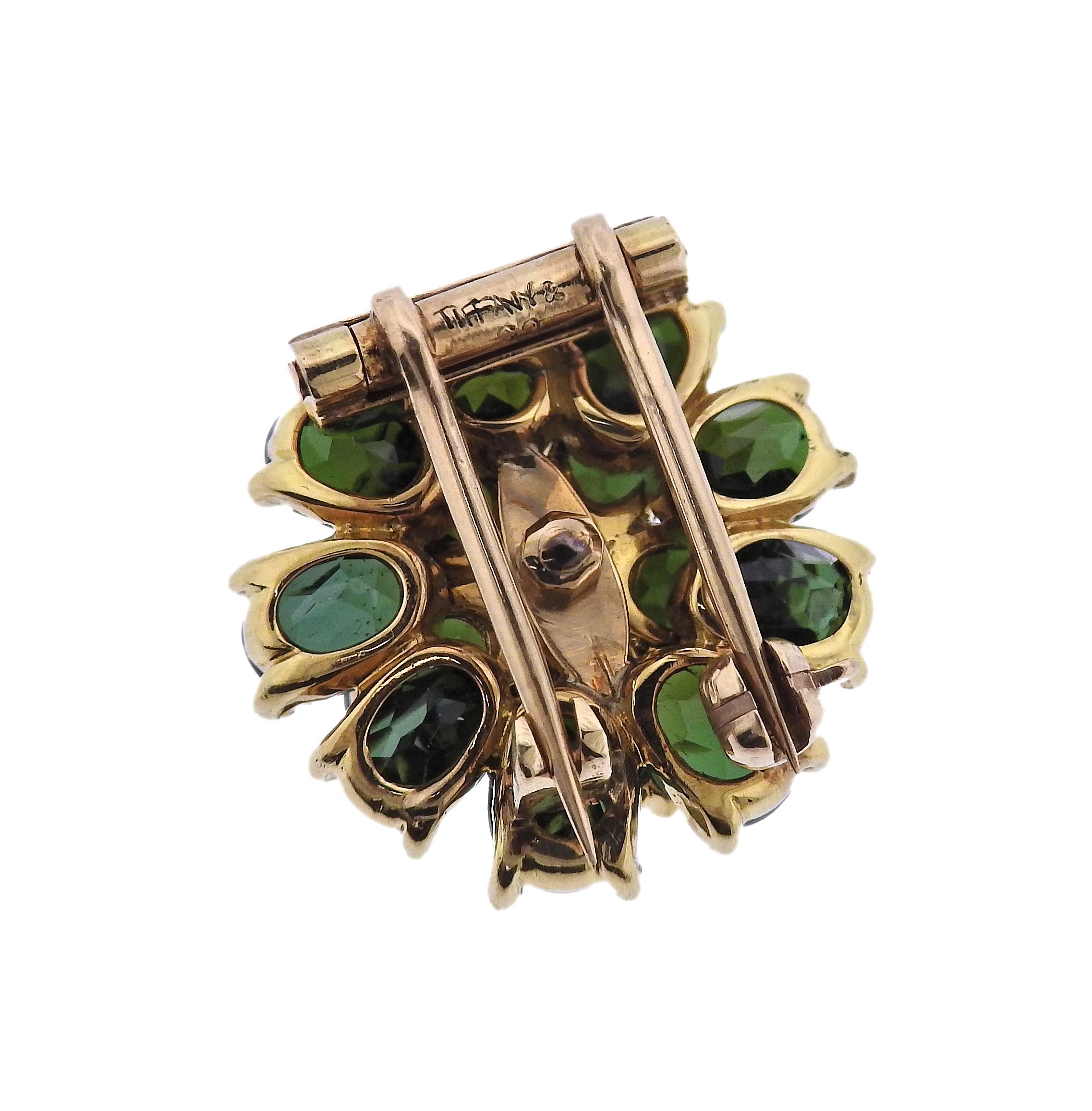 Oval Cut Tiffany & Co Retro Green Tourmaline Diamond Gold Flower Brooch For Sale